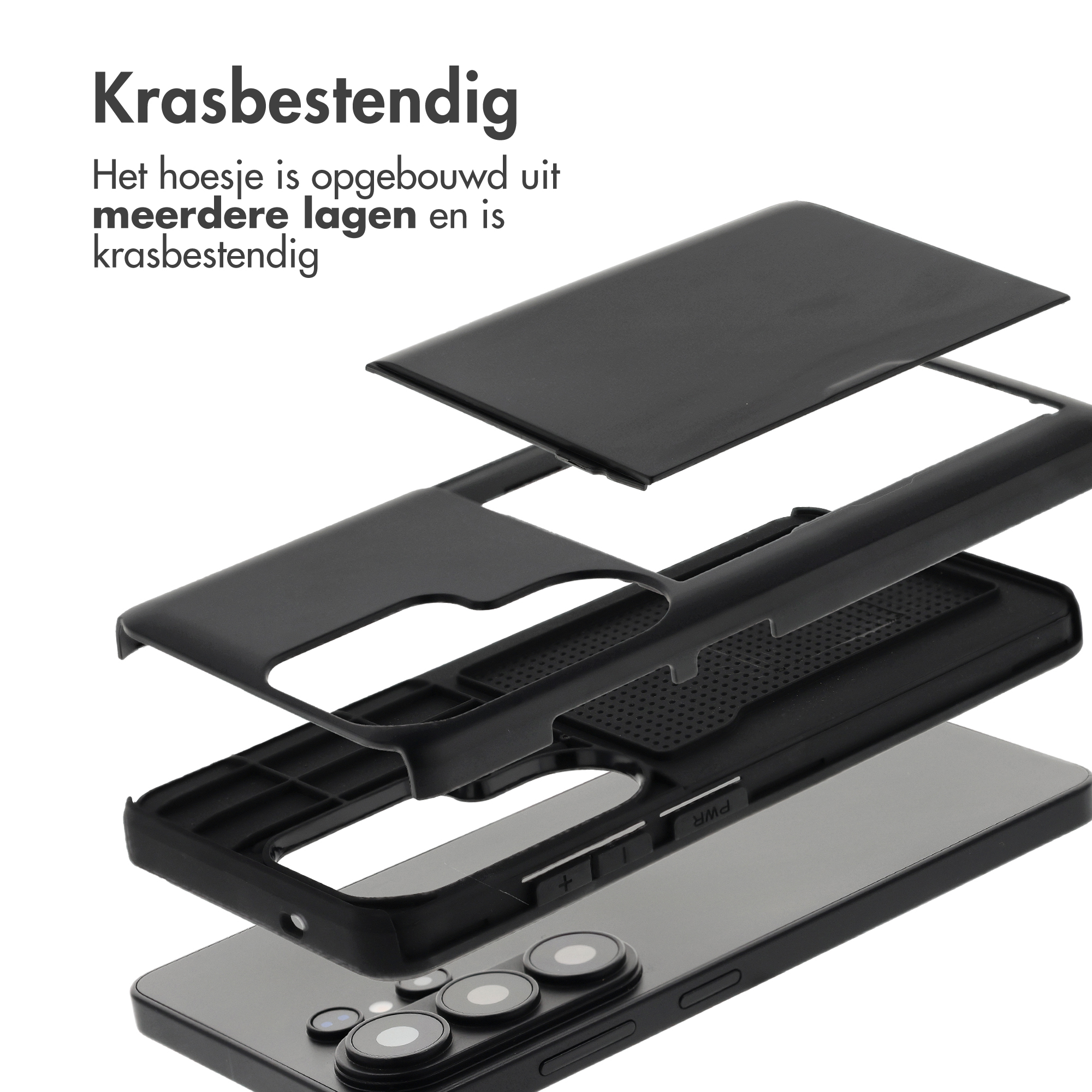 Explosie-aanzicht van een zwarte, meerlaagse telefoonhoes.