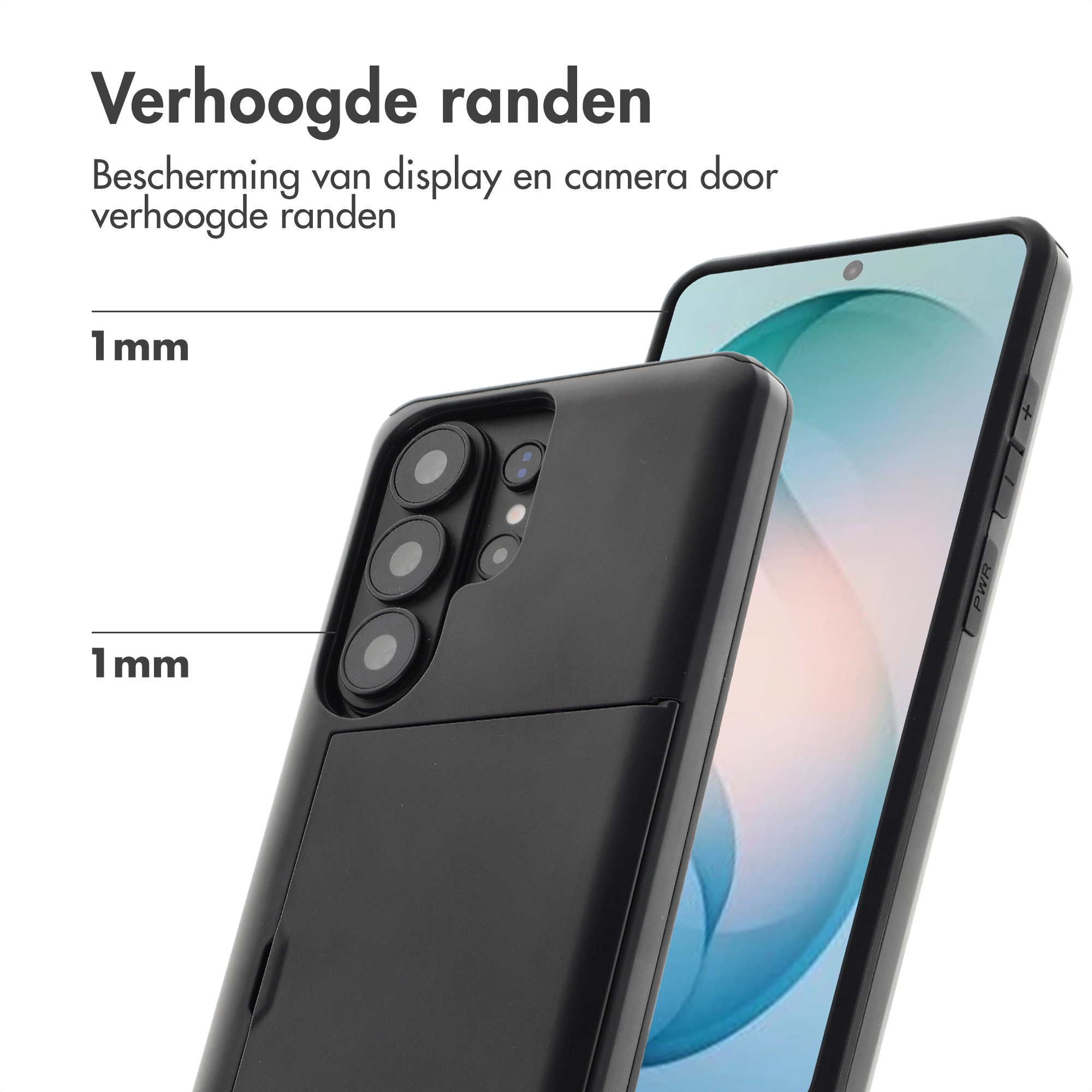 Zwarte telefoonhoes met 1 mm verhoogde randen voor display en camera.