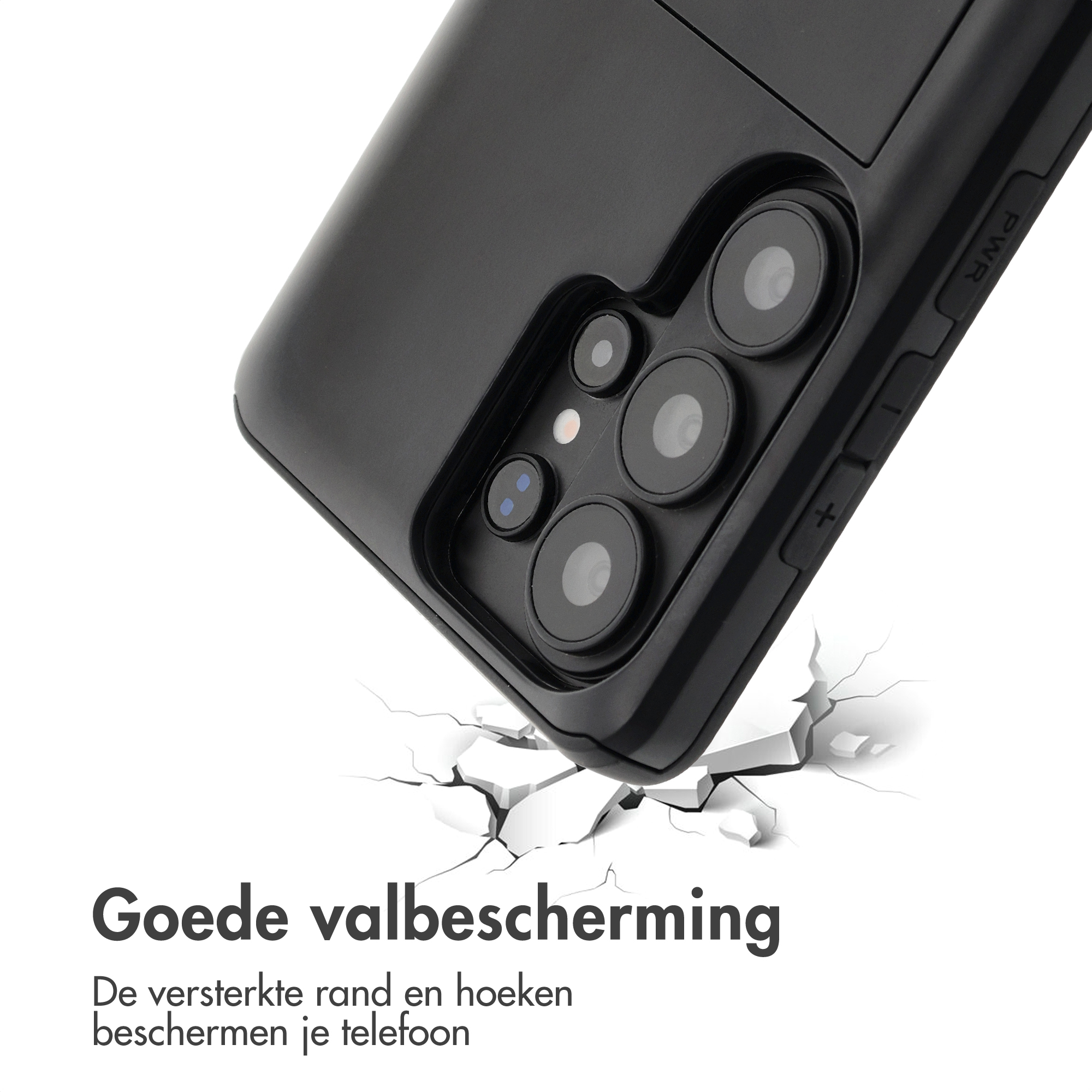 Zwarte telefoonhoes met gebarsten grond effect en camerapakket.