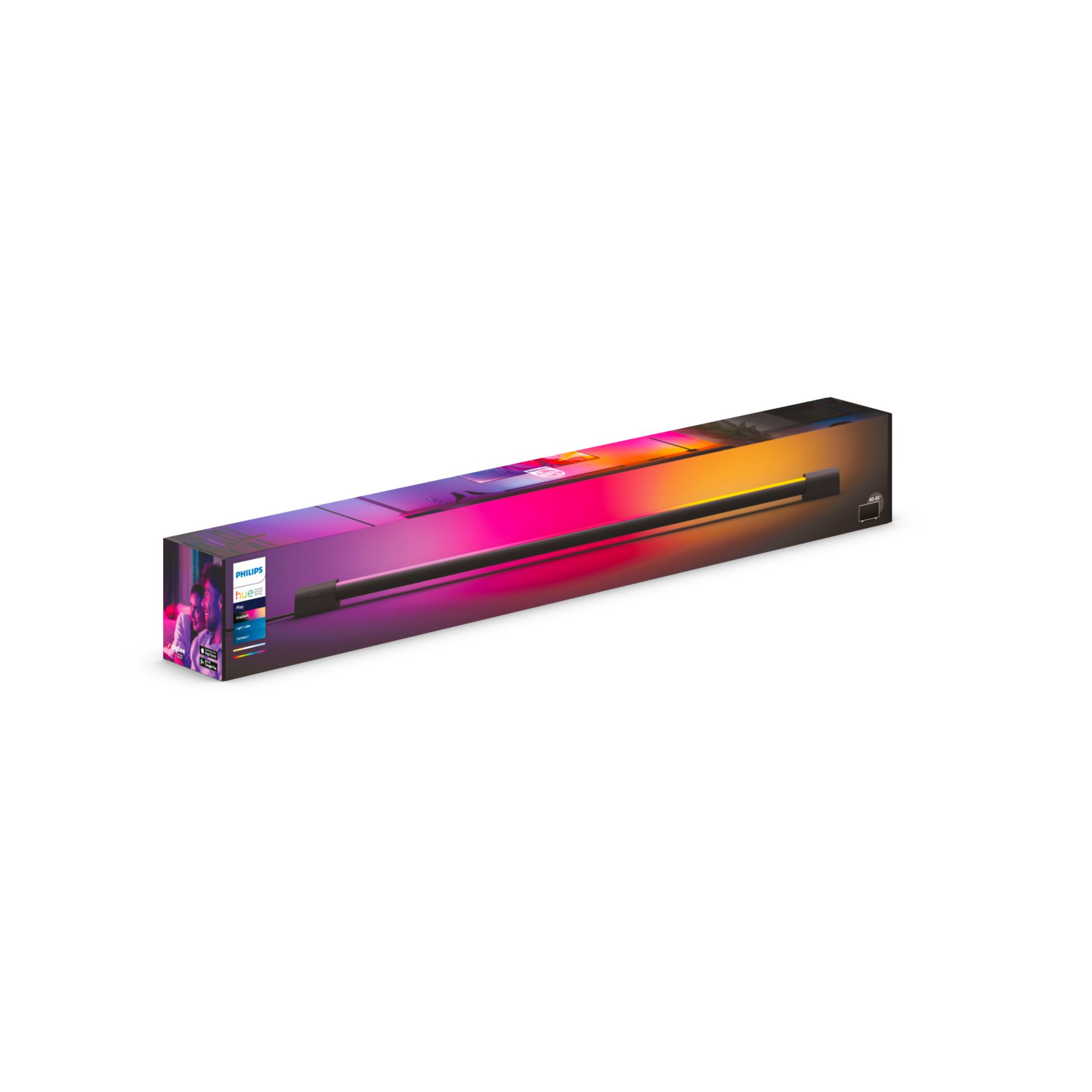 Degrade renk tasarımına sahip Philips Hue Play Light Tube kutusu.