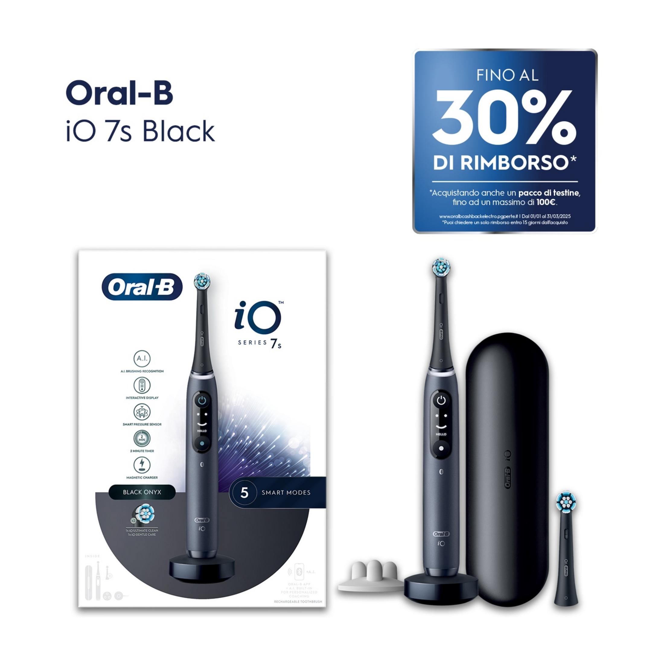 Spazzolino Oral-B iO 7s nero con custodia di ricarica e testine. Offerta 30% rimborso.