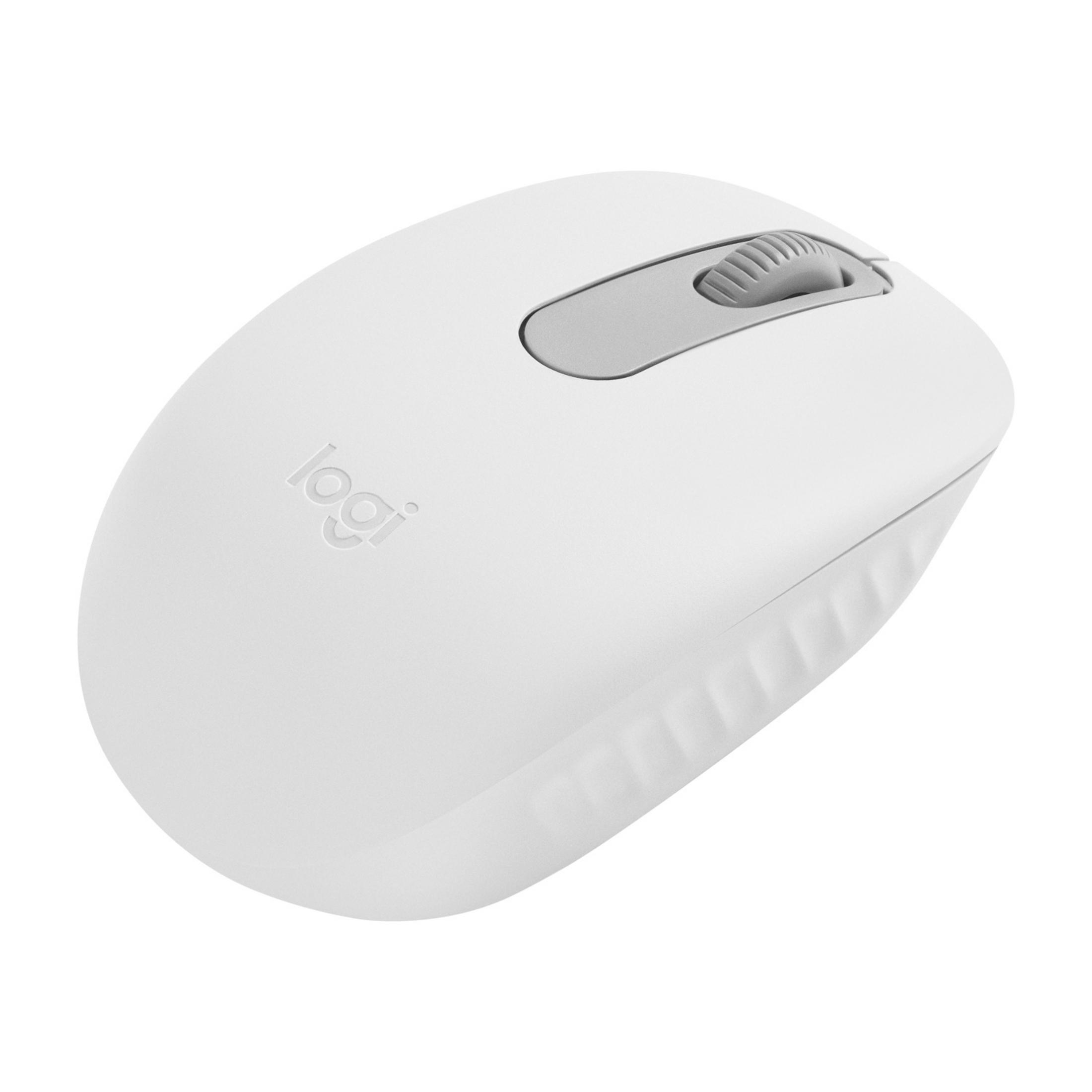 Une souris Logitech blanche avec molette grise et logo.
