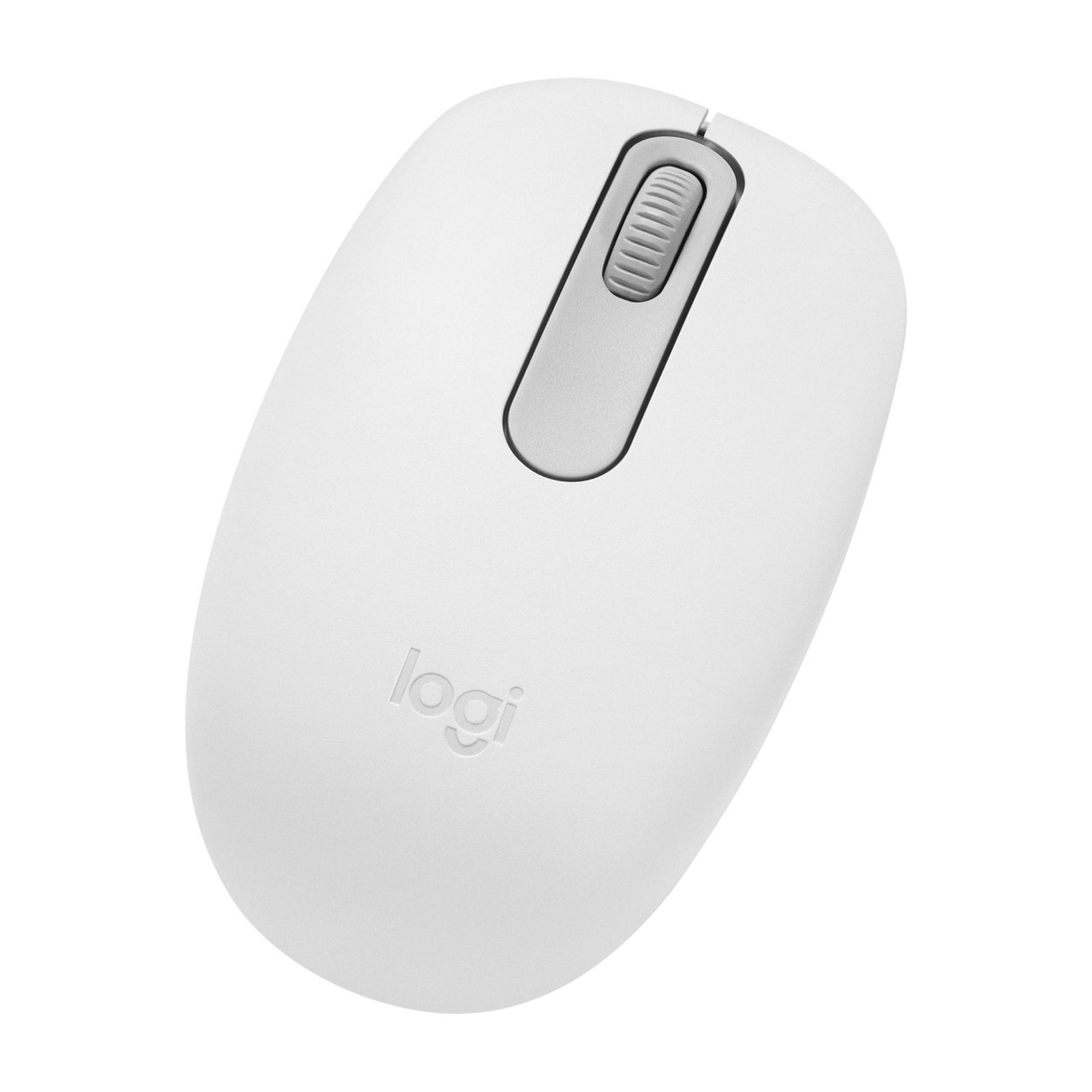 Une souris Logitech blanche avec molette grise et logo, isolée sur fond blanc.