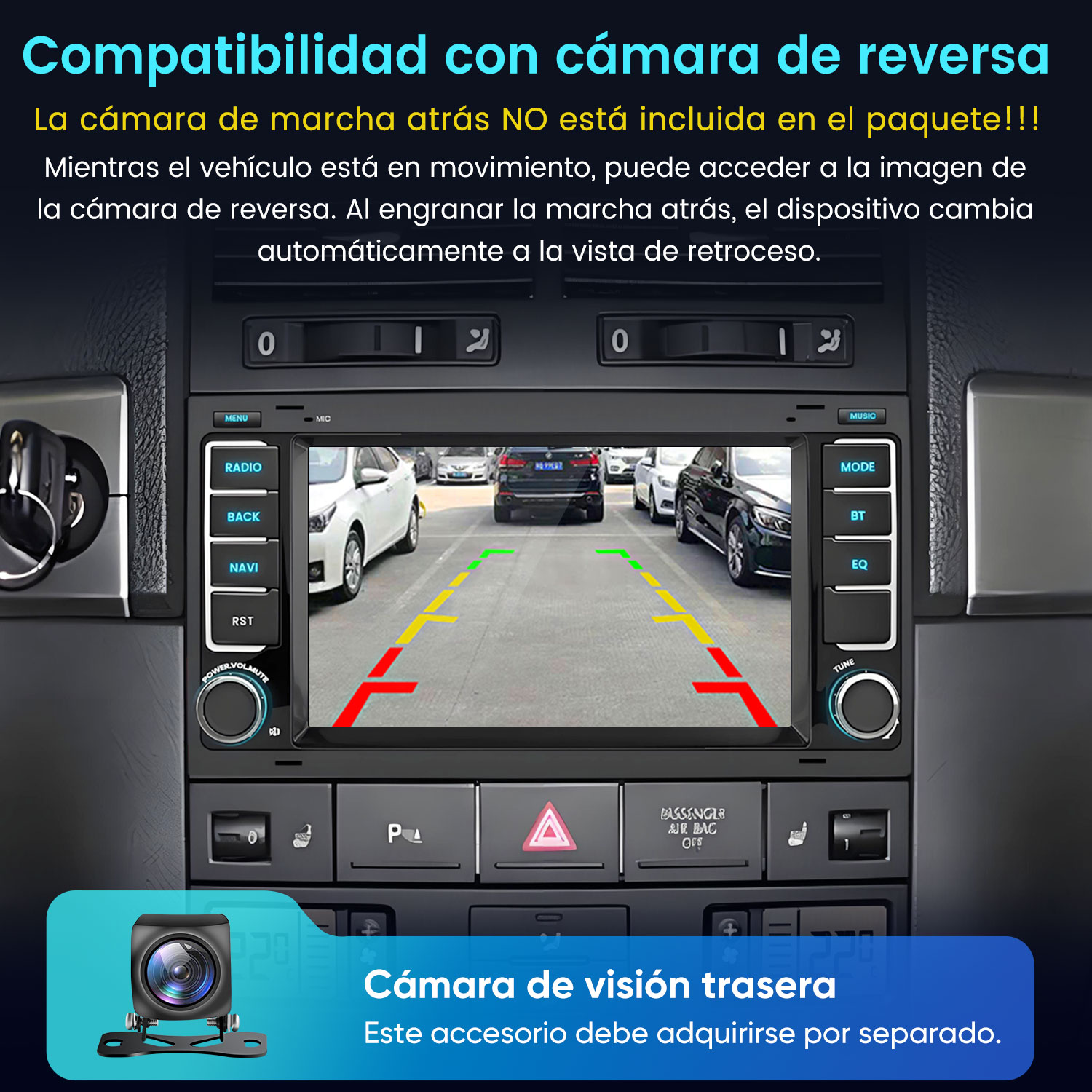 Estéreo de coche mostrando vista de cámara trasera con líneas.