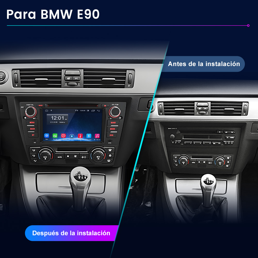 Comparación antes y después del interior de un coche BMW E90 con nuevo sistema multimedia.