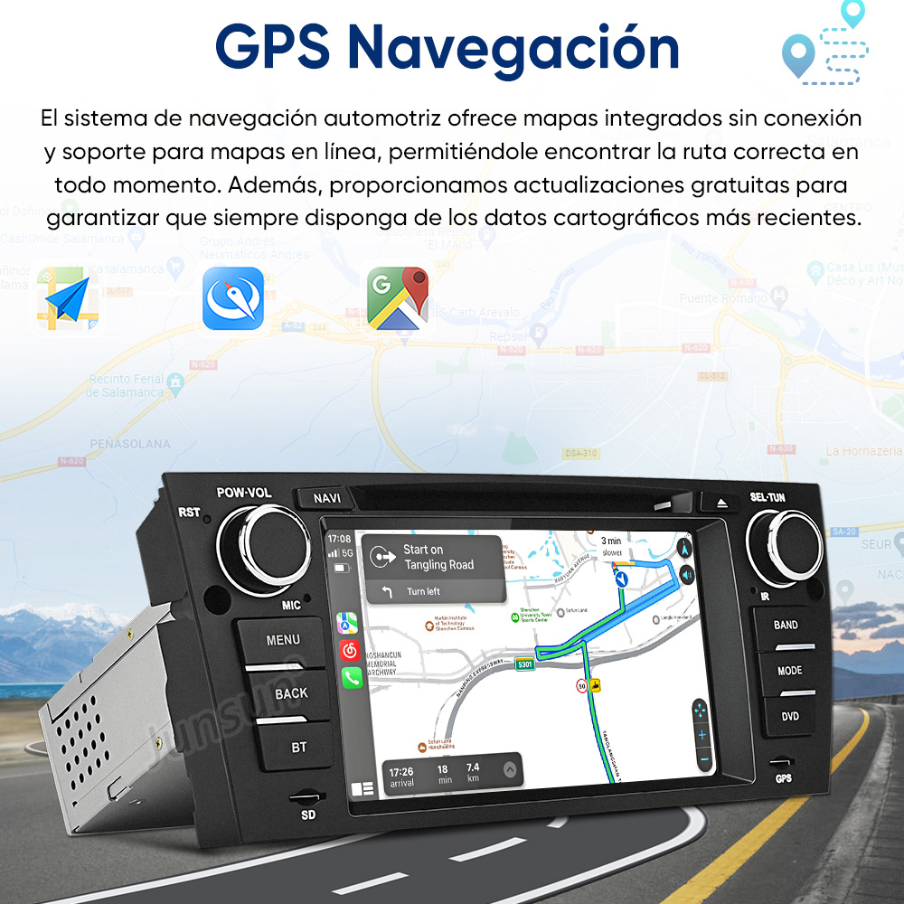 Dispositivo de navegación GPS que muestra mapas, guía de ruta y señales.