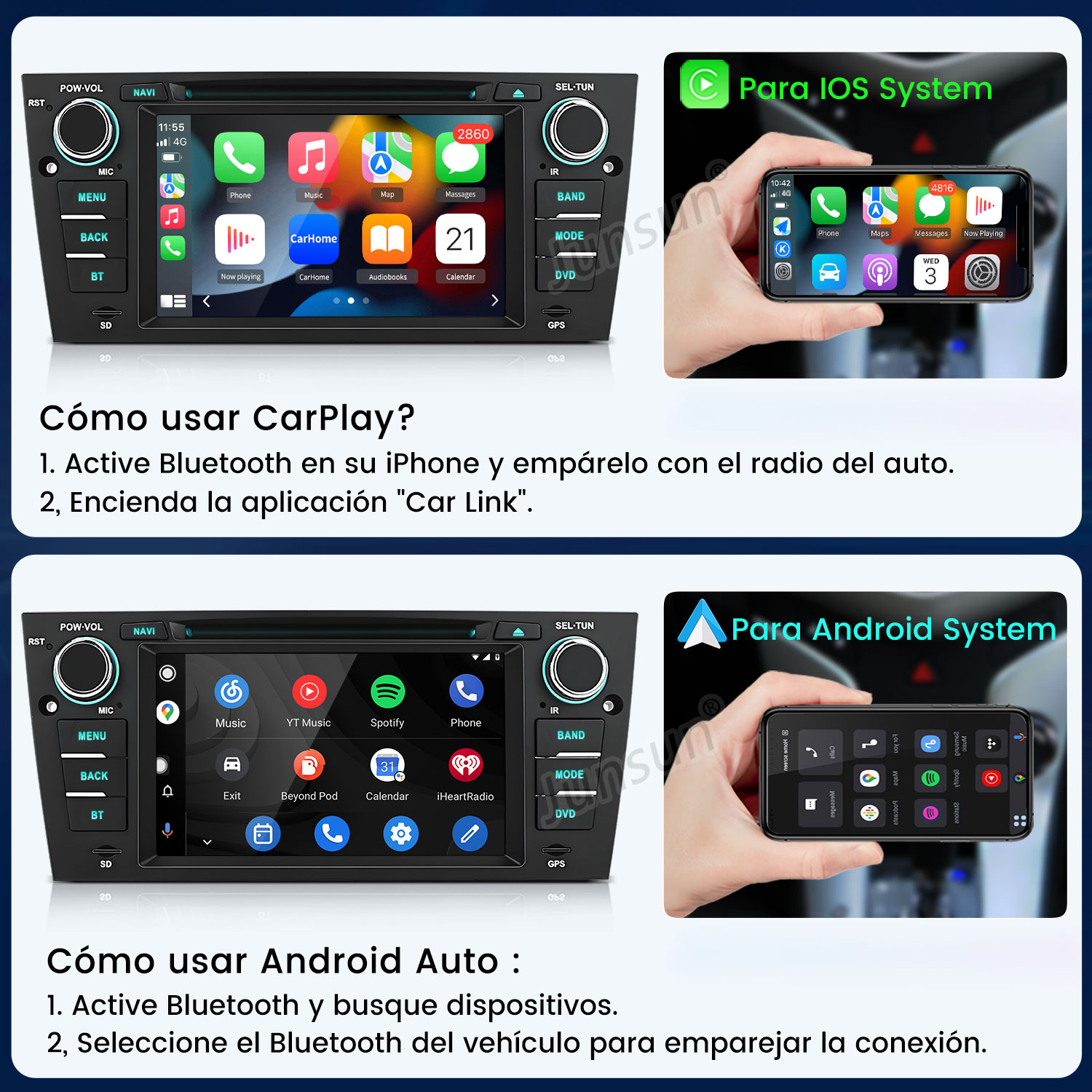 Una radio de coche muestra CarPlay en su pantalla y un iPhone con apps de CarPlay.