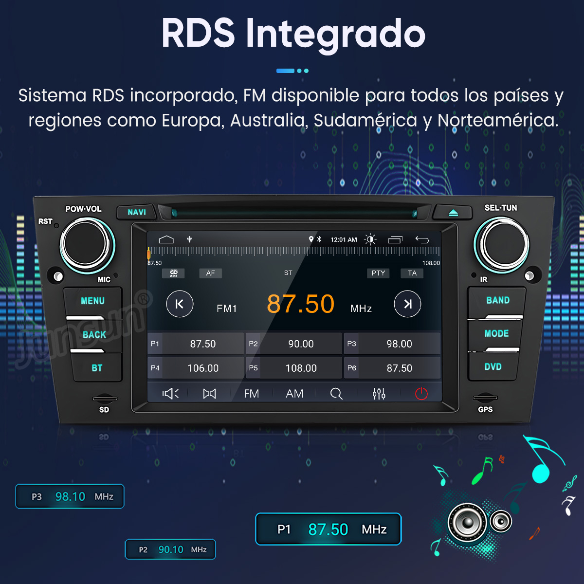 Pantalla de radio de coche muestra emisora FM 87.50 MHz y presets.