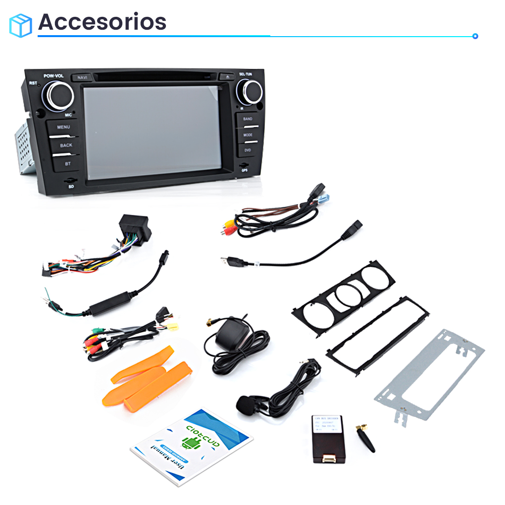 Un autorradio con accesorios, cables, micrófono y manual.