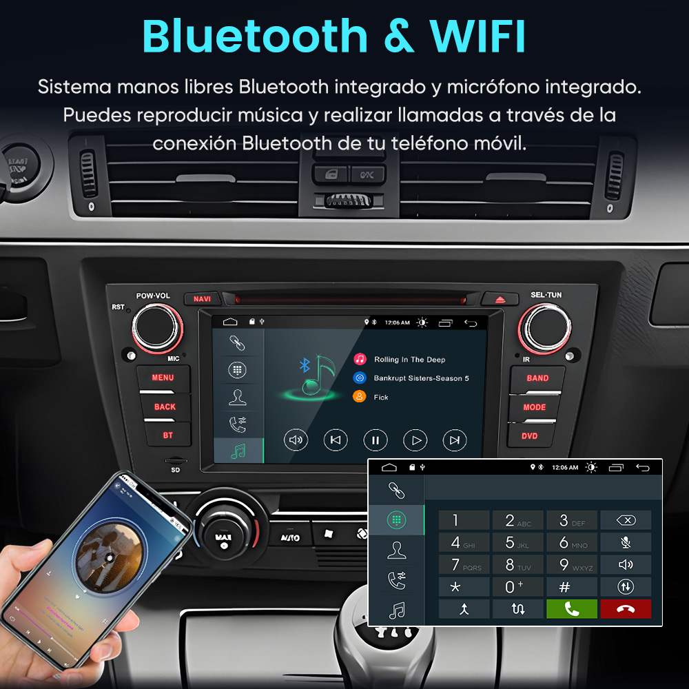 Un sistema de infoentretenimiento para coche muestra música y un teclado.