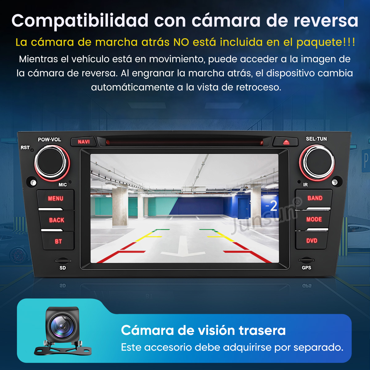 Radio de coche mostrando vista de aparcamiento; cámara separada no incluida.