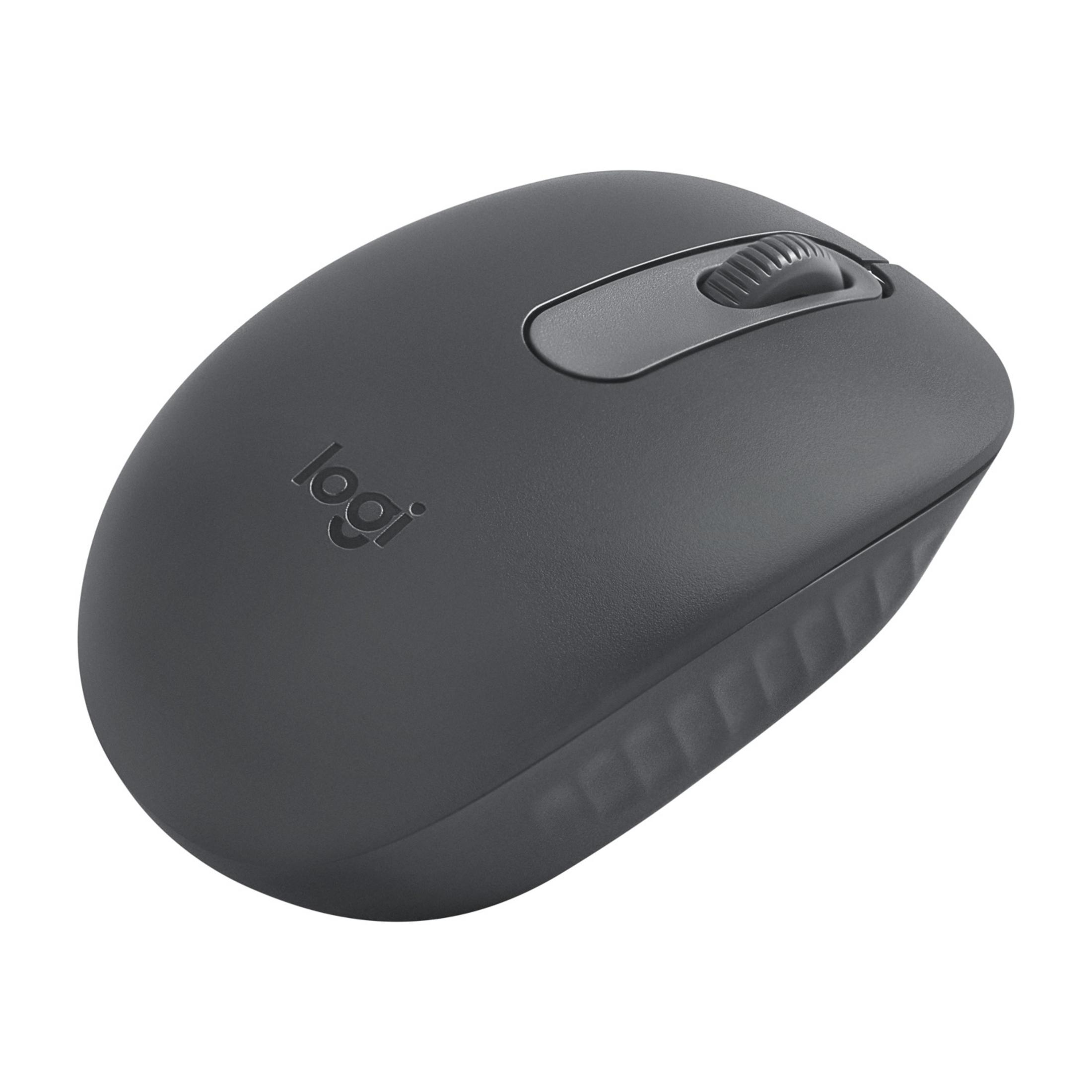 Gri kablosuz Logitech fare, kaydırma tekerleği ve logosuyla.