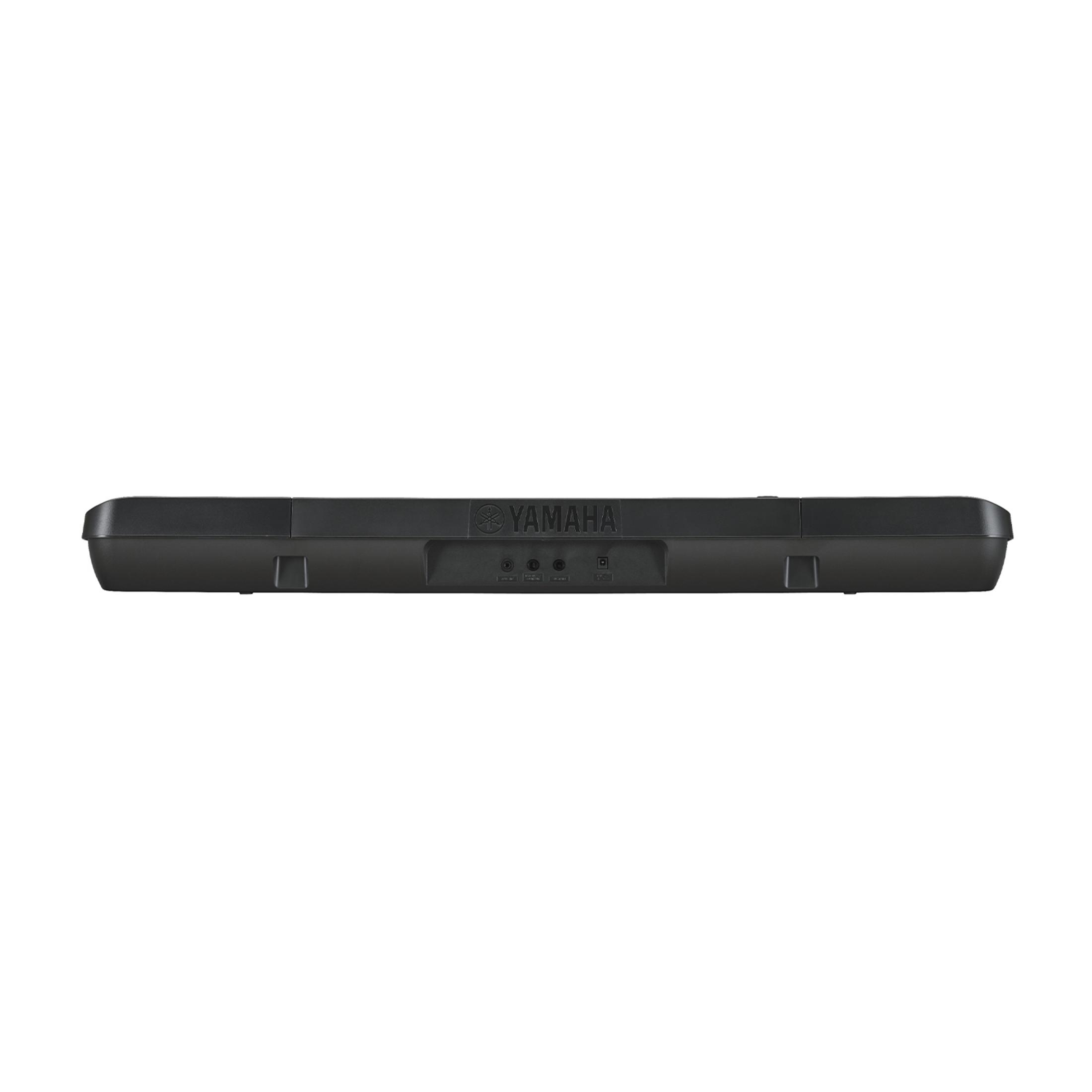 Rückseite eines schwarzen Yamaha Keyboards mit Anschlüssen und Logo.