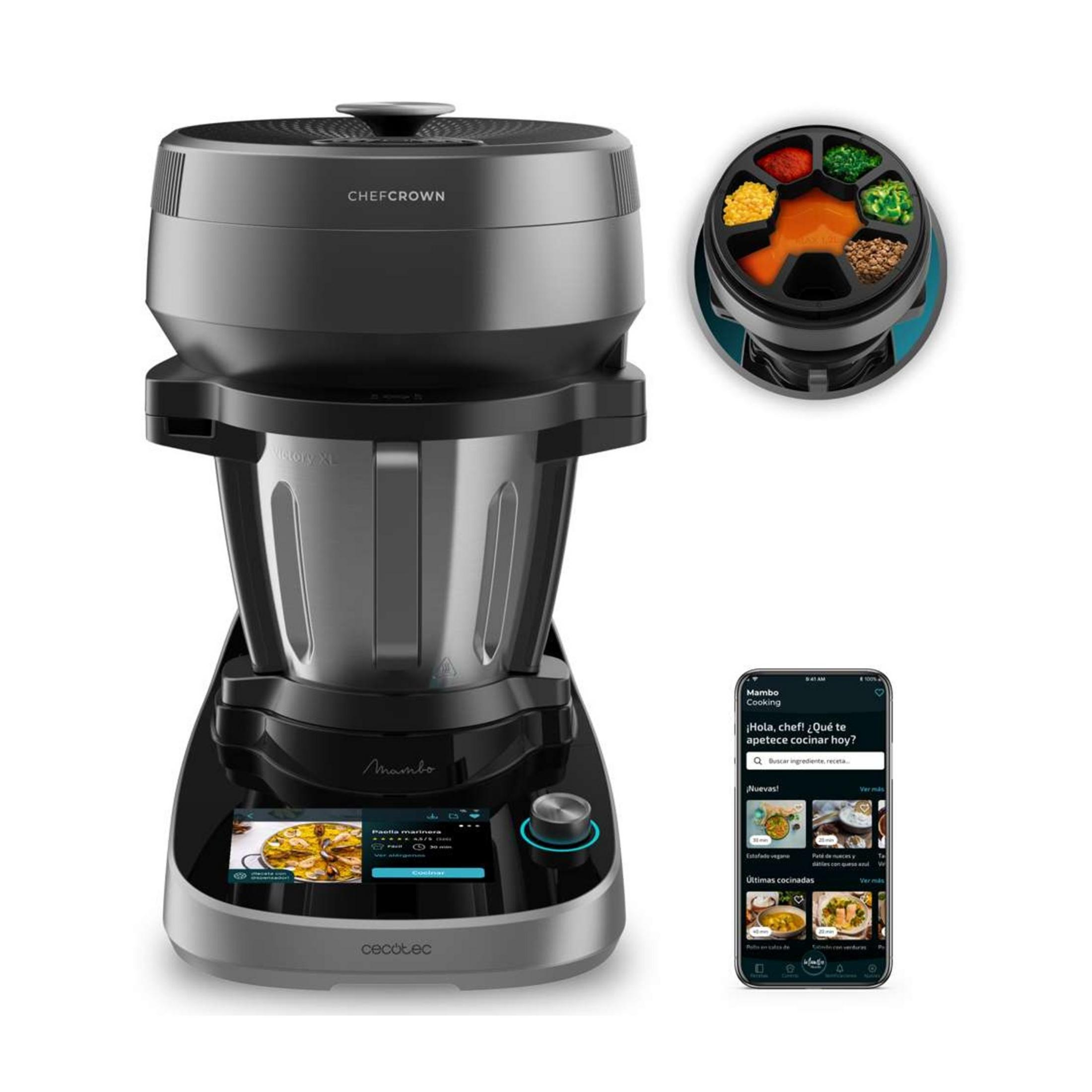 Un robot de cocina moderno con pantalla táctil, junto a un smartphone con app de cocina.