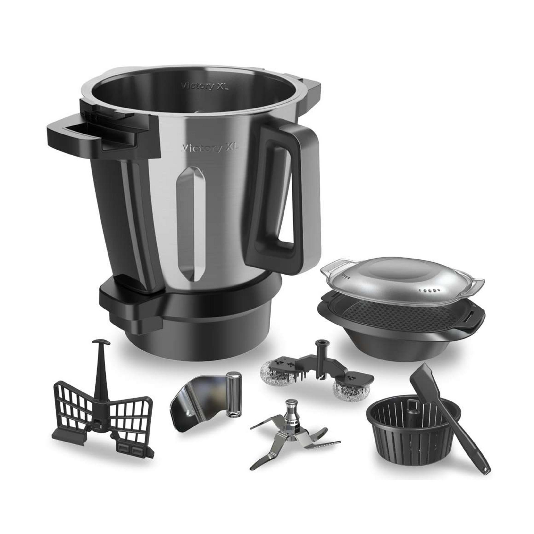 Una pentola per robot da cucina con manici, lame, frusta e cestello per vapore.