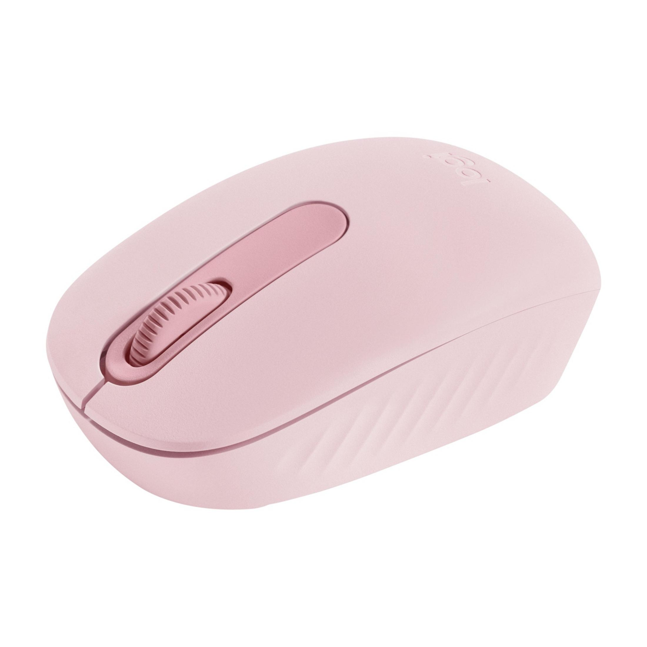 Un ratón de computadora rosa con una rueda de desplazamiento de goma.