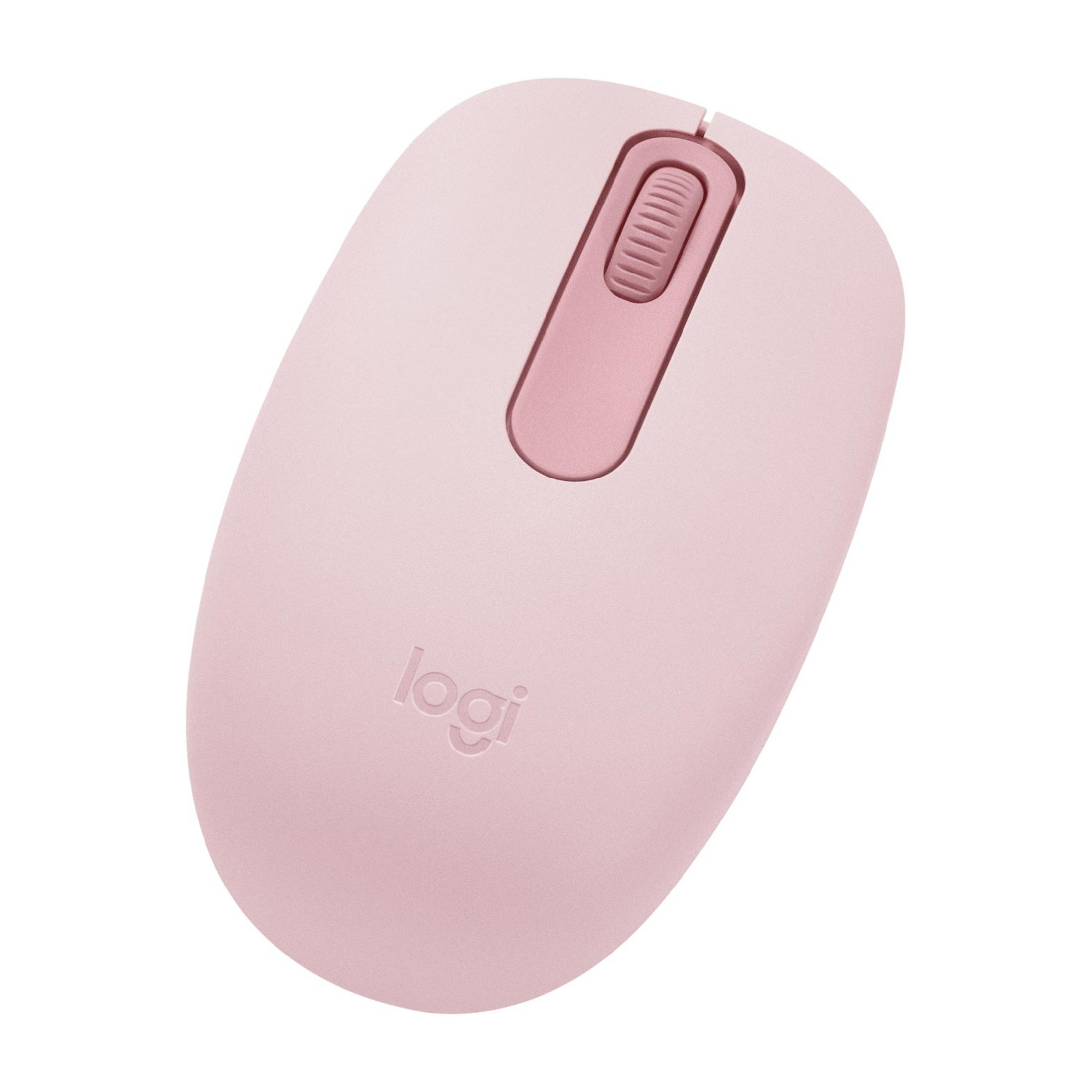 Un ratón Logitech rosa con rueda de desplazamiento sobre fondo blanco.