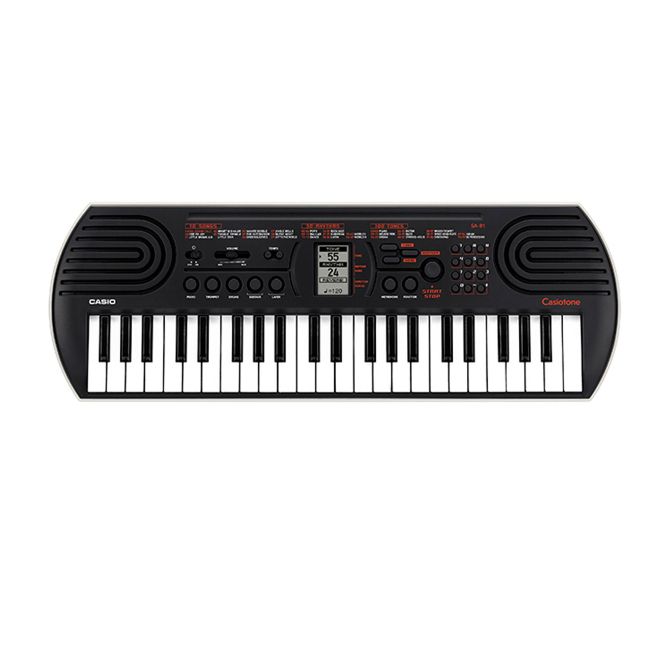 Schwarzes Casio Keyboard mit weißen und schwarzen Tasten, LCD-Bildschirm und Bedienelementen.