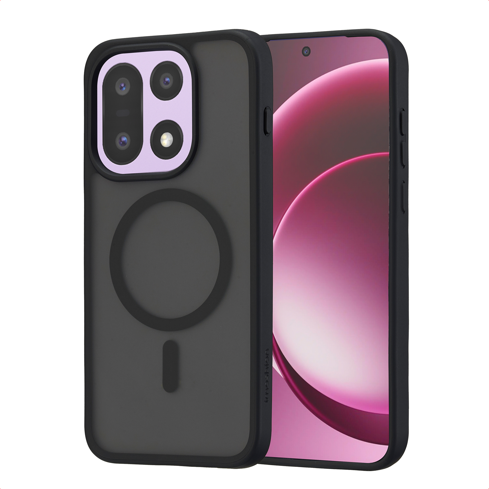 Coque de téléphone noire avec charge magnétique sur fond rose.