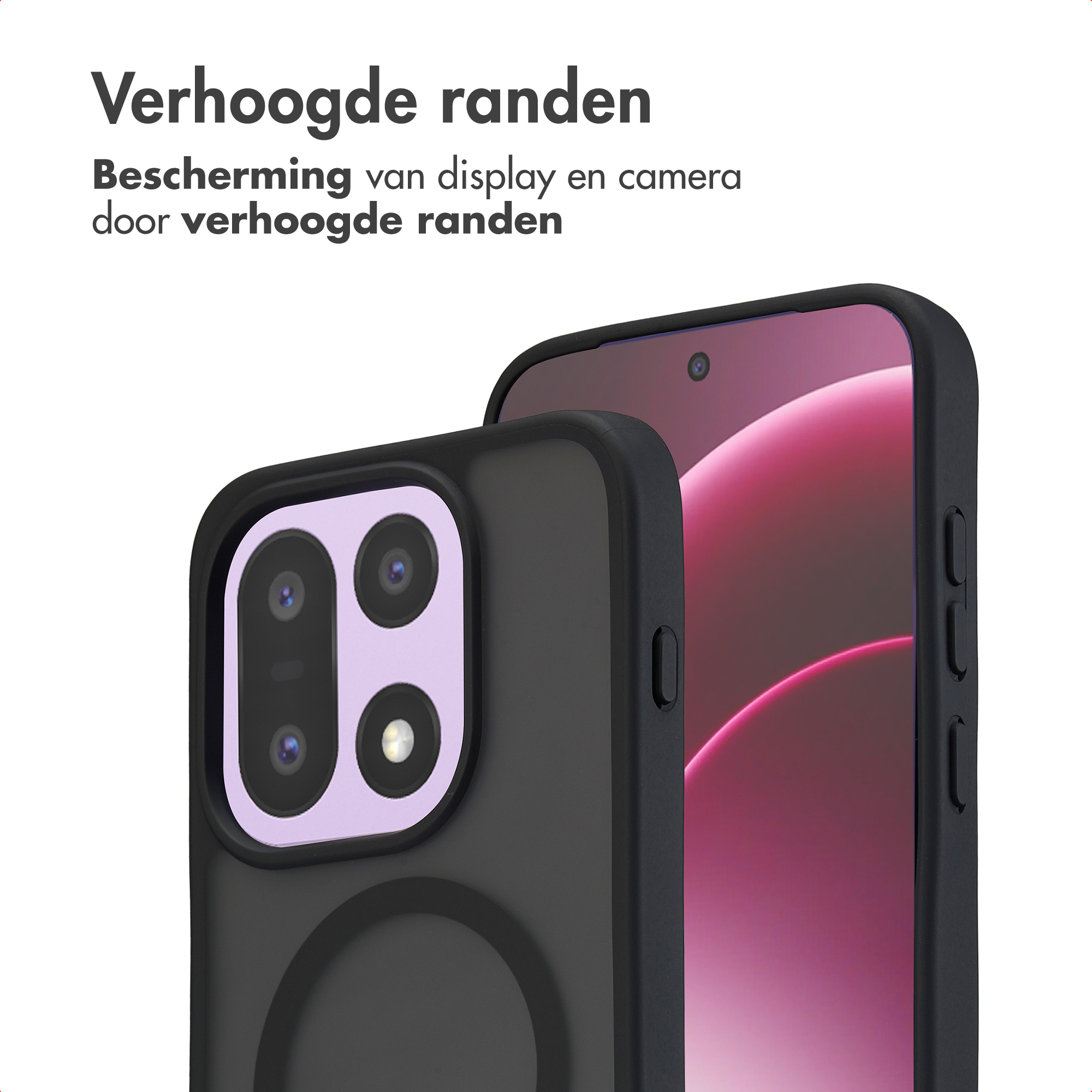 Coque de téléphone noire à bords surélevés protège écran et appareil photo.