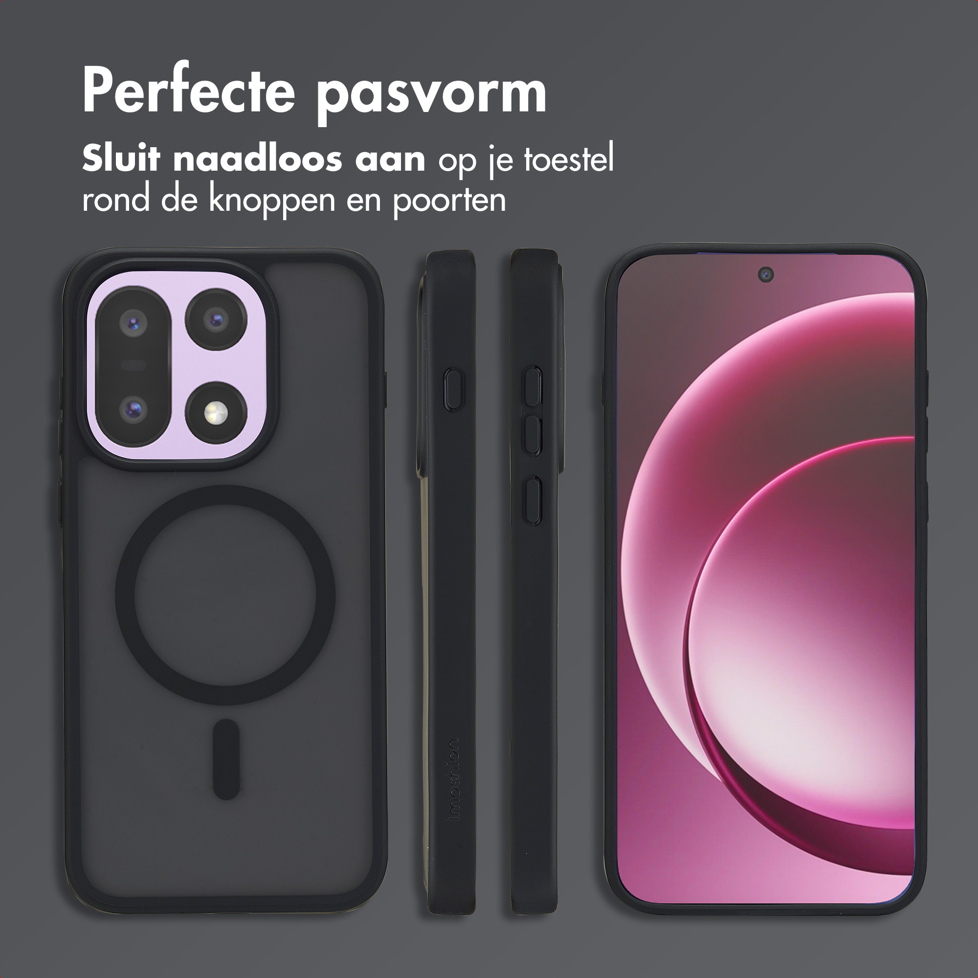 Coque de téléphone noire avec découpe caméra et anneau magnétique. Téléphone fond rose.