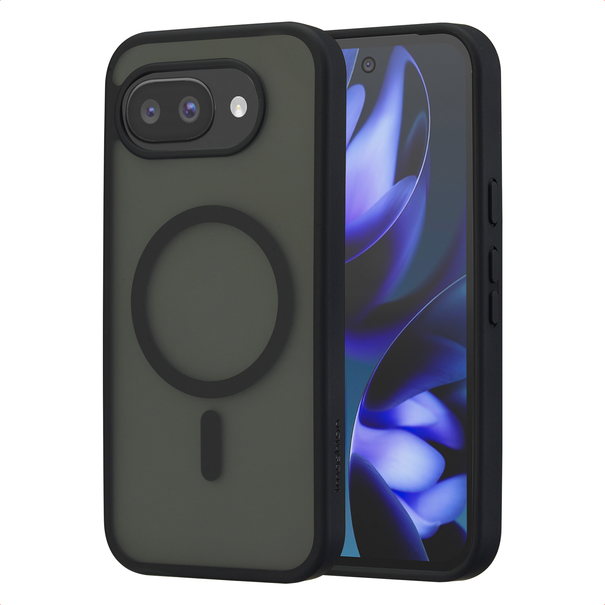 Donkergroene telefoonhoes met twee camera's en magneetring, naast een telefoon.
