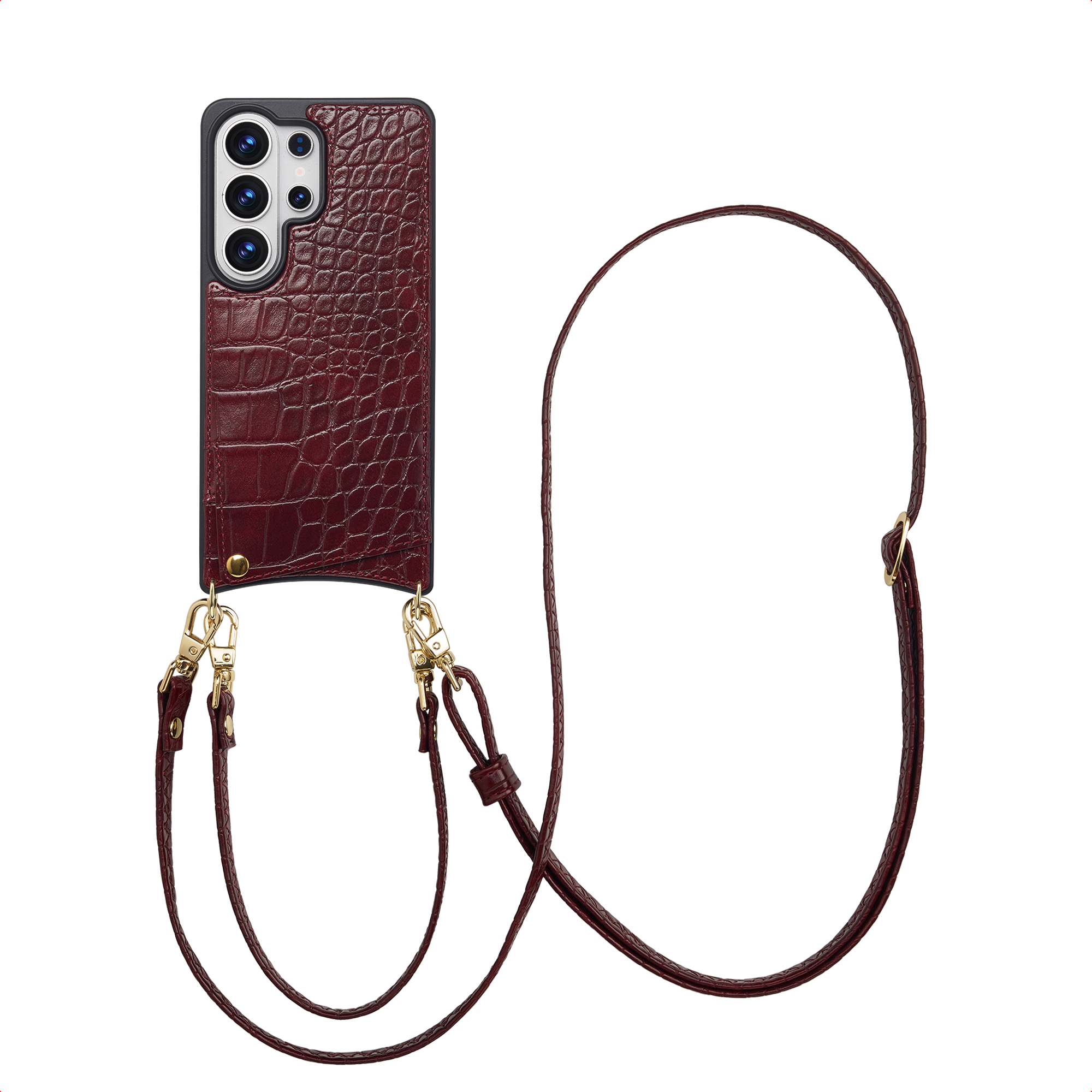 Coque de téléphone rouge foncé façon croco avec lanière.