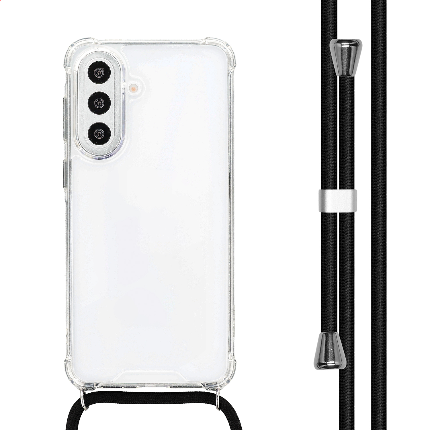 Coque de téléphone transparente avec triple appareil photo et lanière noire.