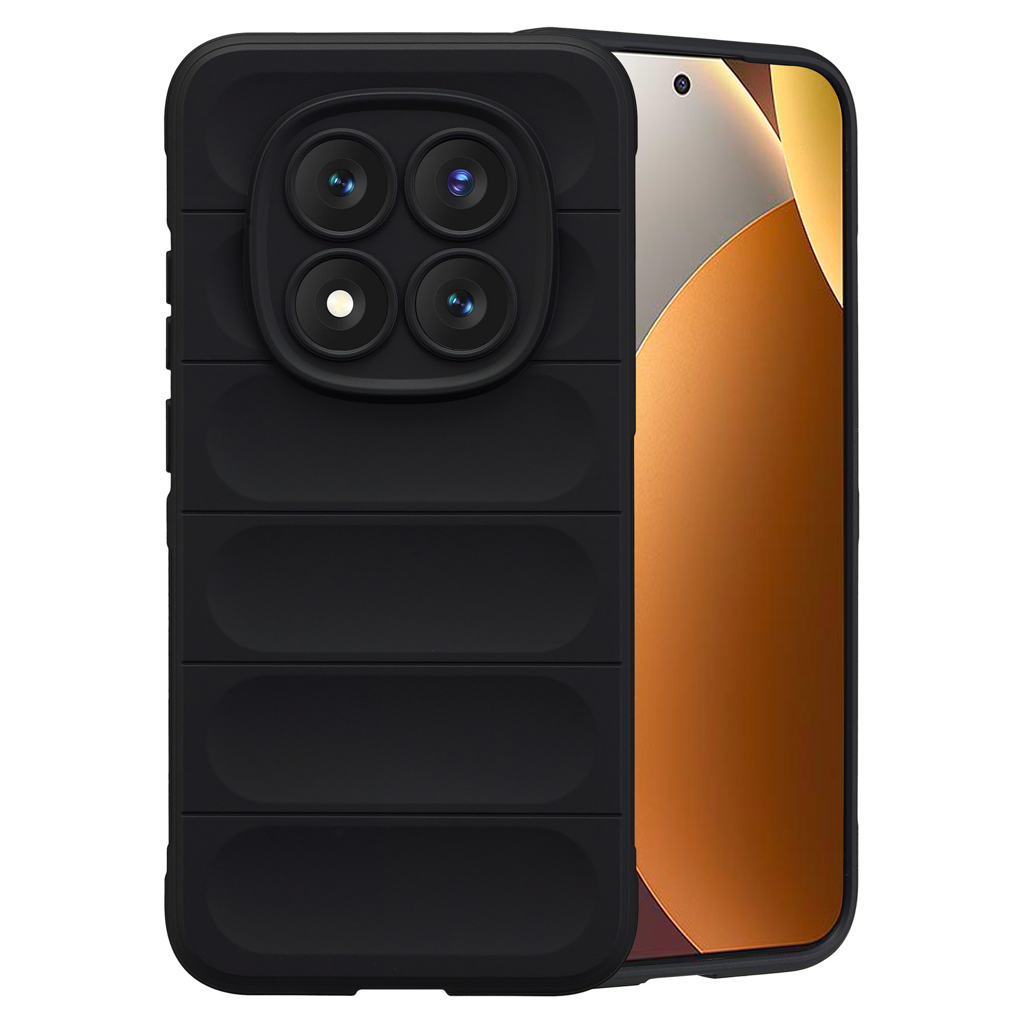 Zwarte telefoon met quadcamera en koperkleurig scherm.