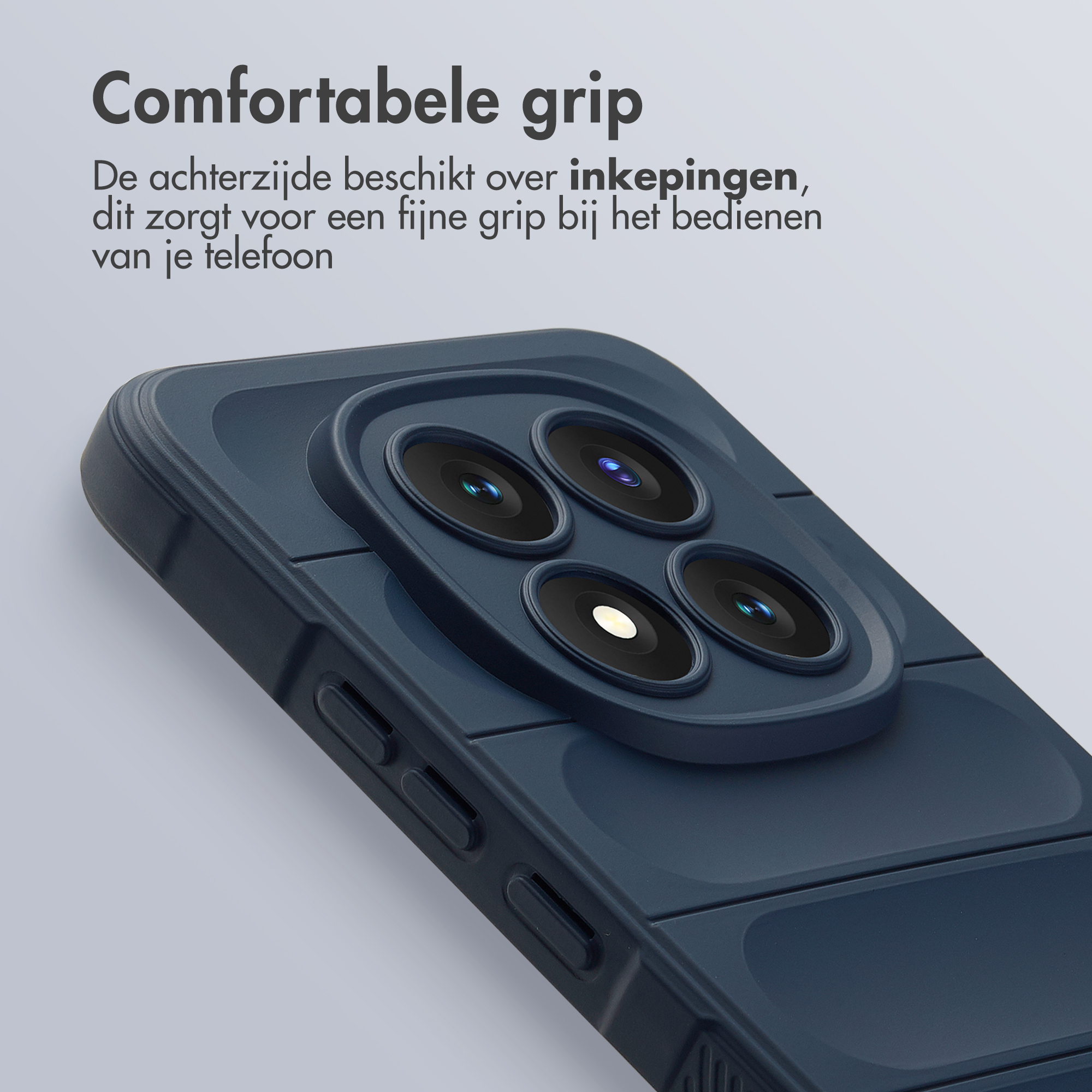Custodia blu scuro per telefono con gruppo fotocamera e scanalature.