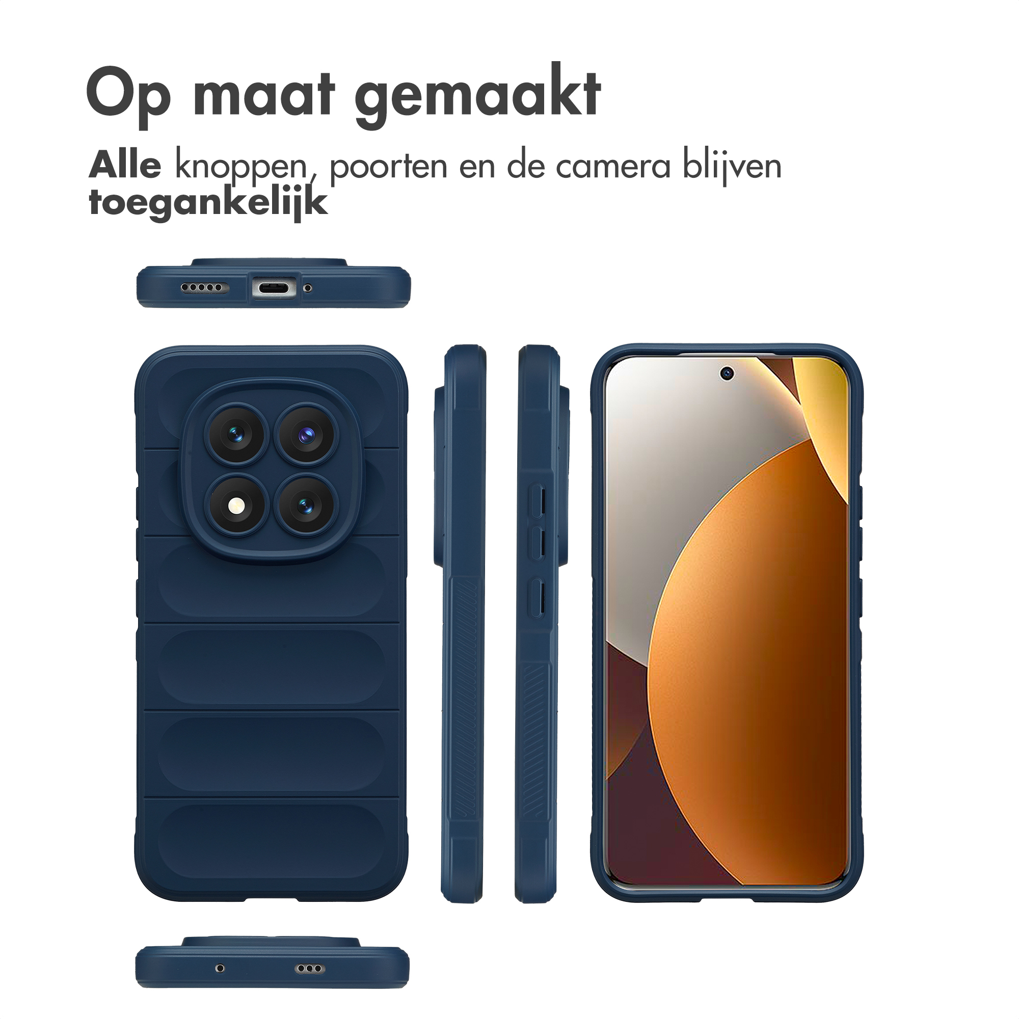 Custodia blu scuro per telefono con protezione fotocamera e viste pulsanti laterali.