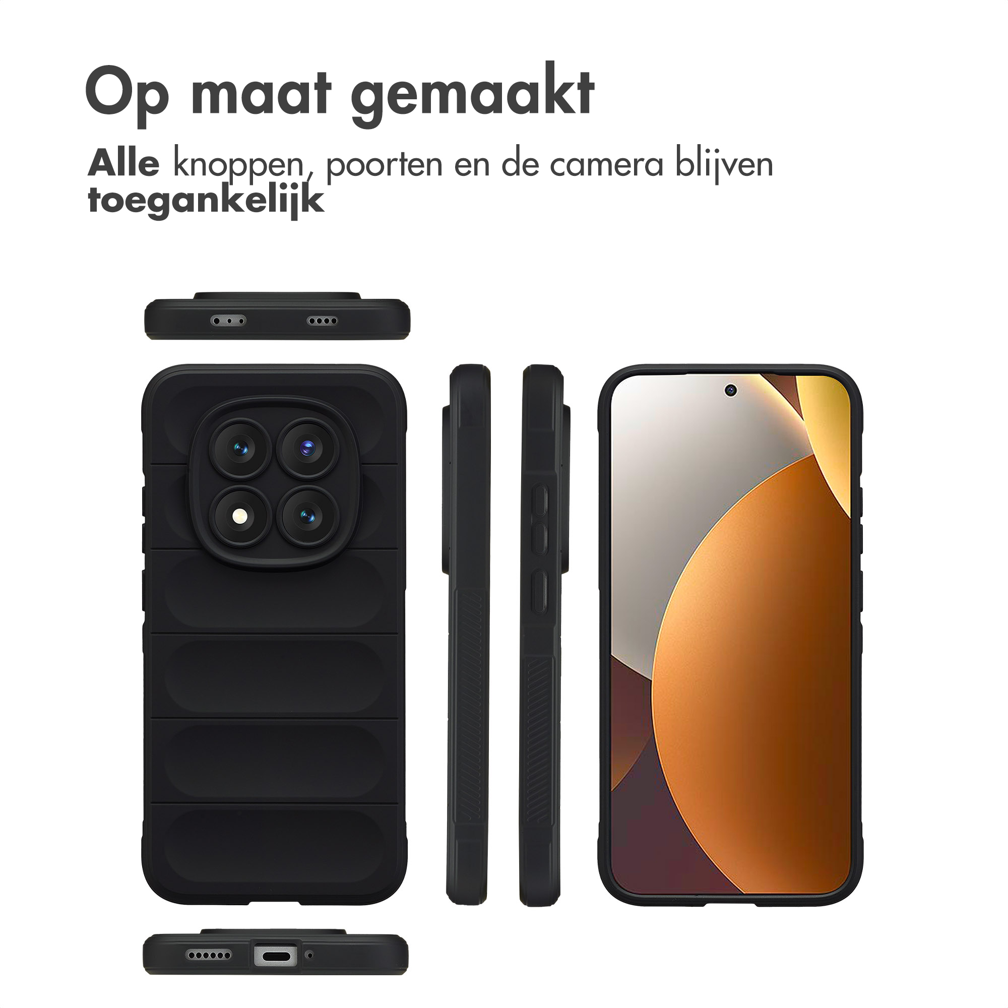 Zwart telefoonhoesje met camera-unit en zijknopjes. Voor-, achter- en zijaanzichten.