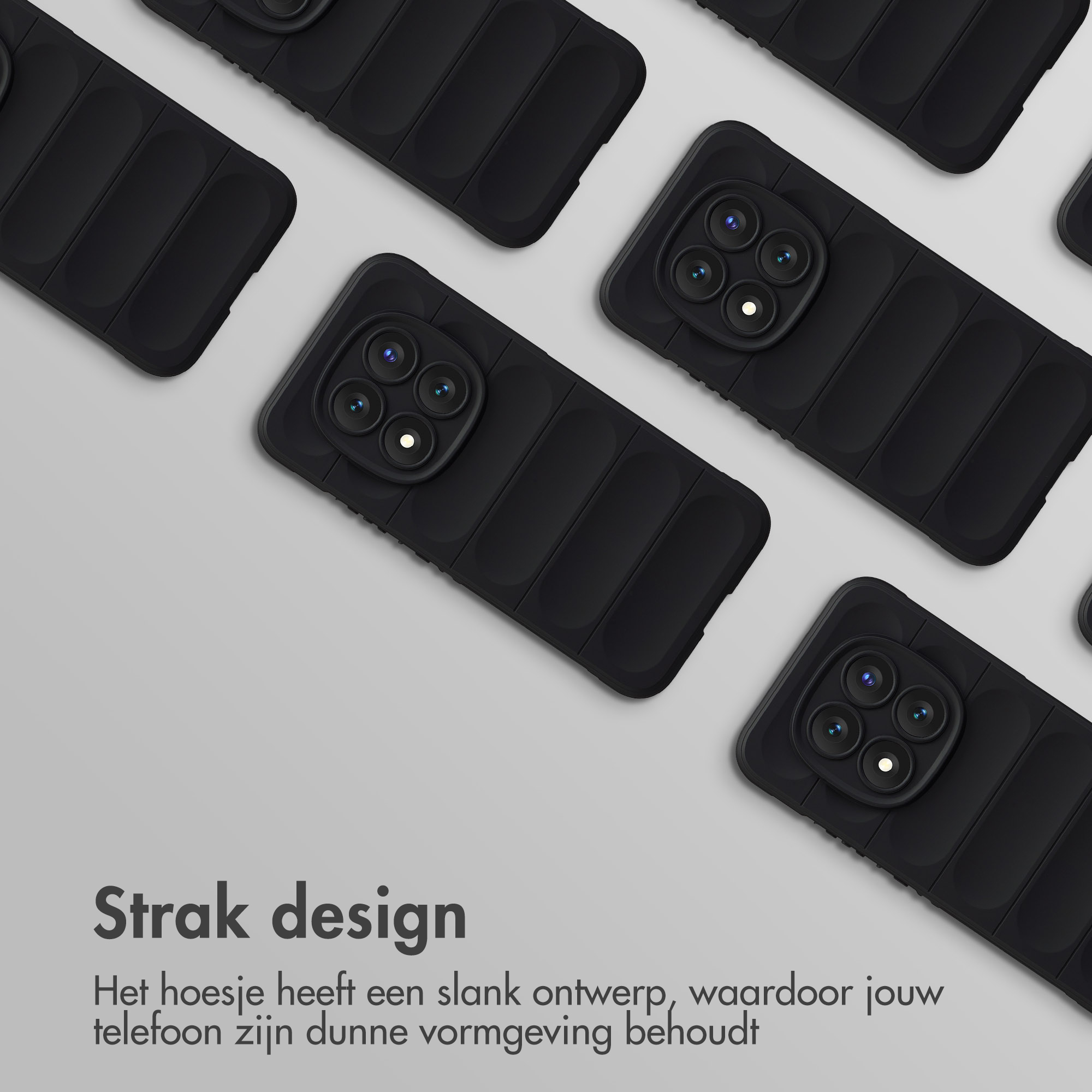 Zwarte telefoonhoesjes met camera's, gerangschikt op grijze achtergrond.