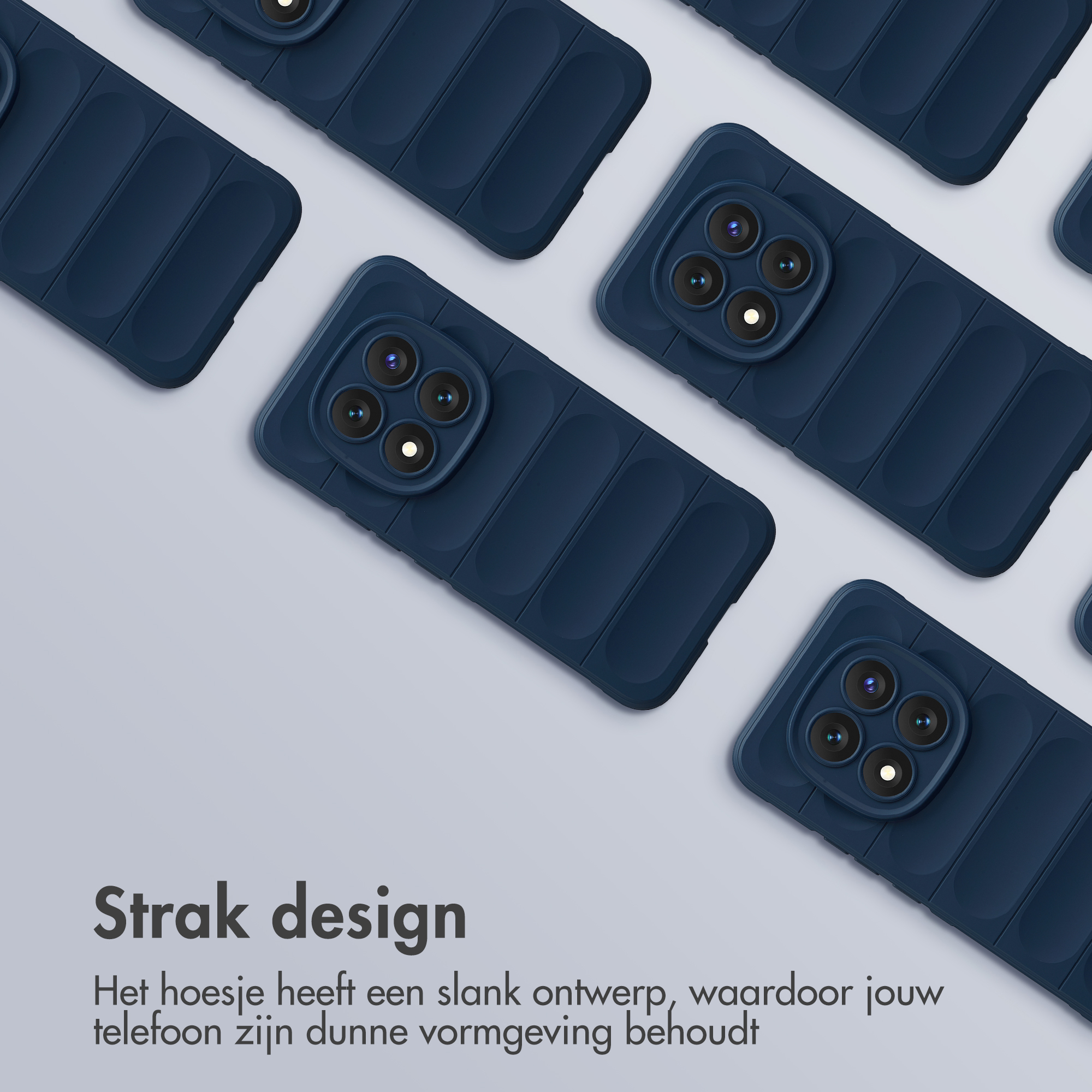 Cover per telefono blu scuro con sistema di fotocamere, su sfondo chiaro.