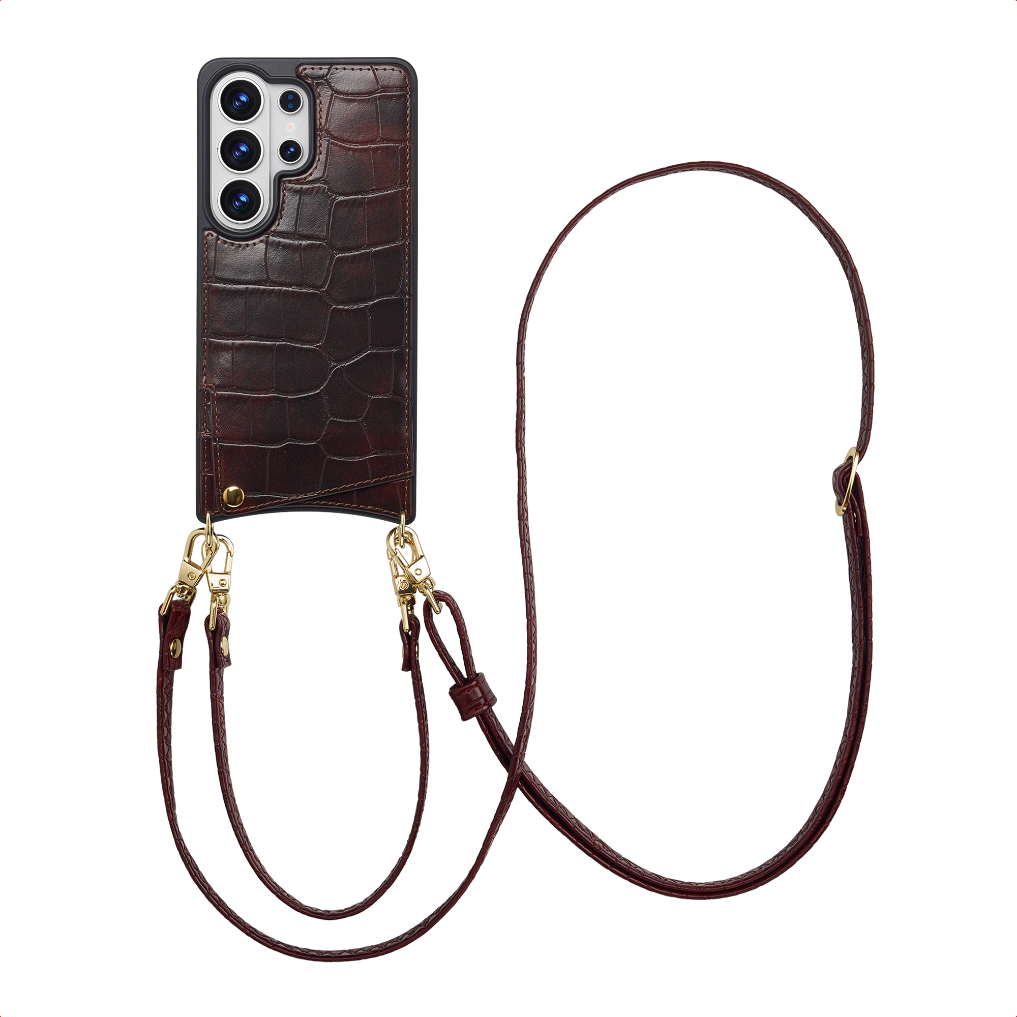 Bruine telefoonhoes met krokodillenpatroon, camerabescherming en goudkleurige clip-lanyard.