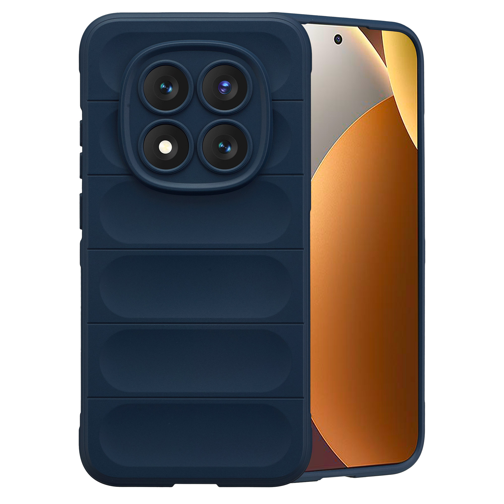 Donkerblauwe telefoonhoes met quad-camera en bruin scherm.