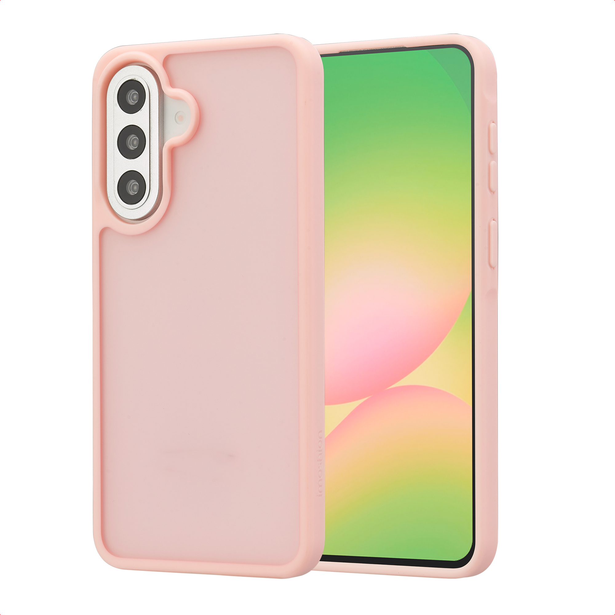 Une coque de téléphone rose avec trois caméras et un écran dégradé. Design minimaliste.