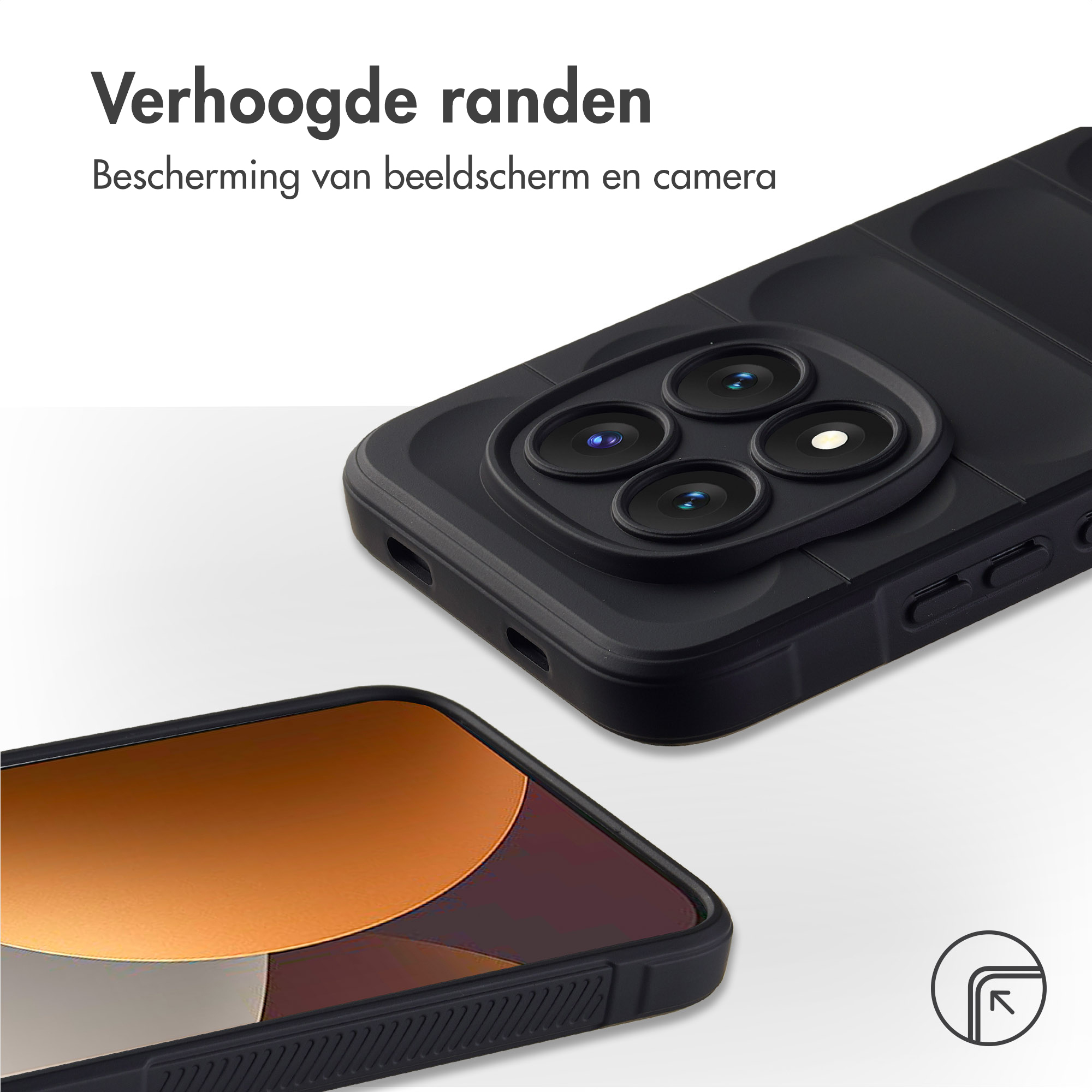 Zwarte telefoonhoes met verhoogde randen en cameralenzen.