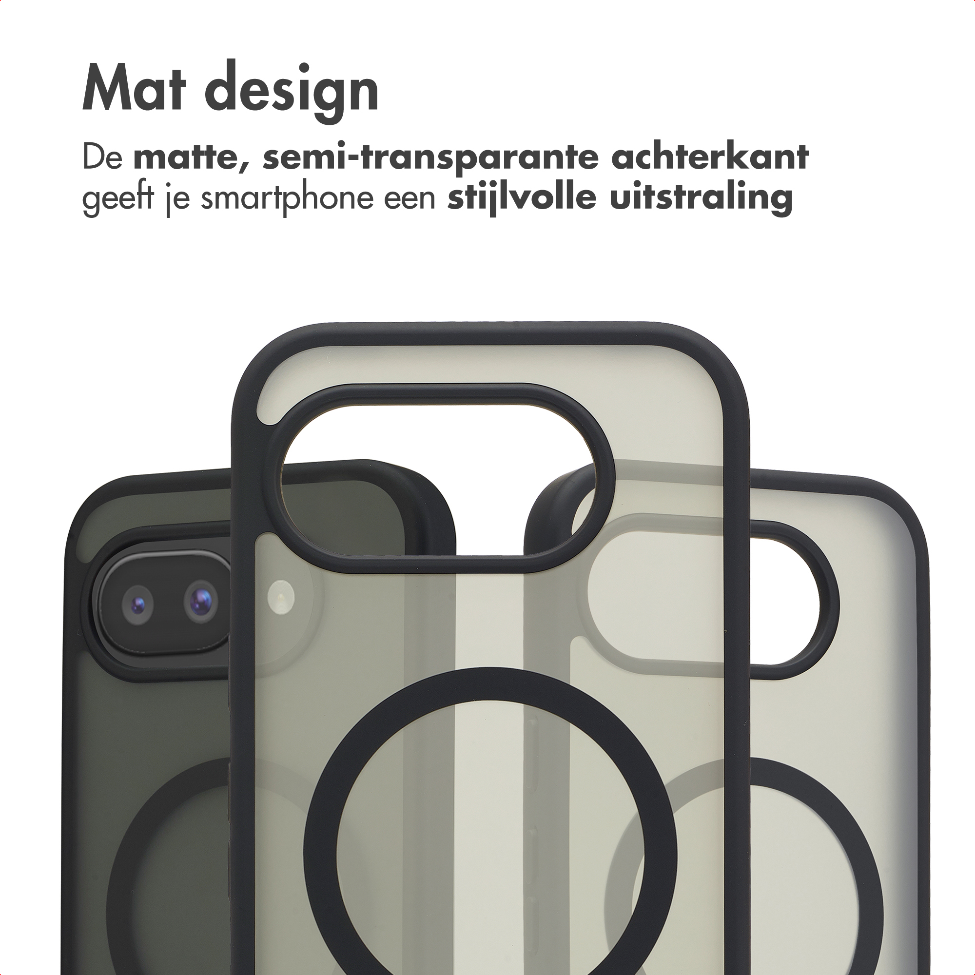 Matte, semi-transparante telefoonhoesjes met zwarte randen.