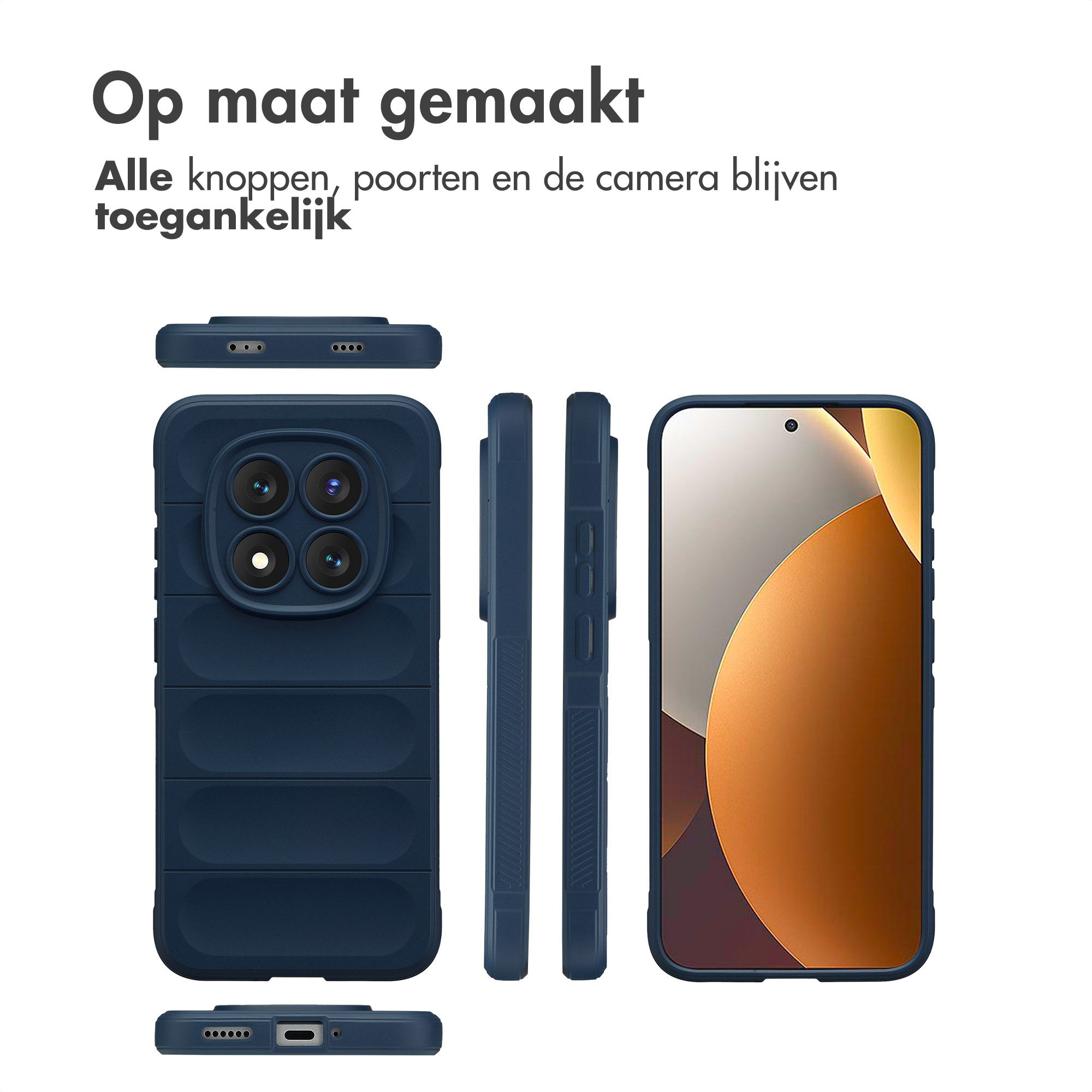 Donkerblauwe telefoonhoes getoond van achter, zijkanten en voorkant.