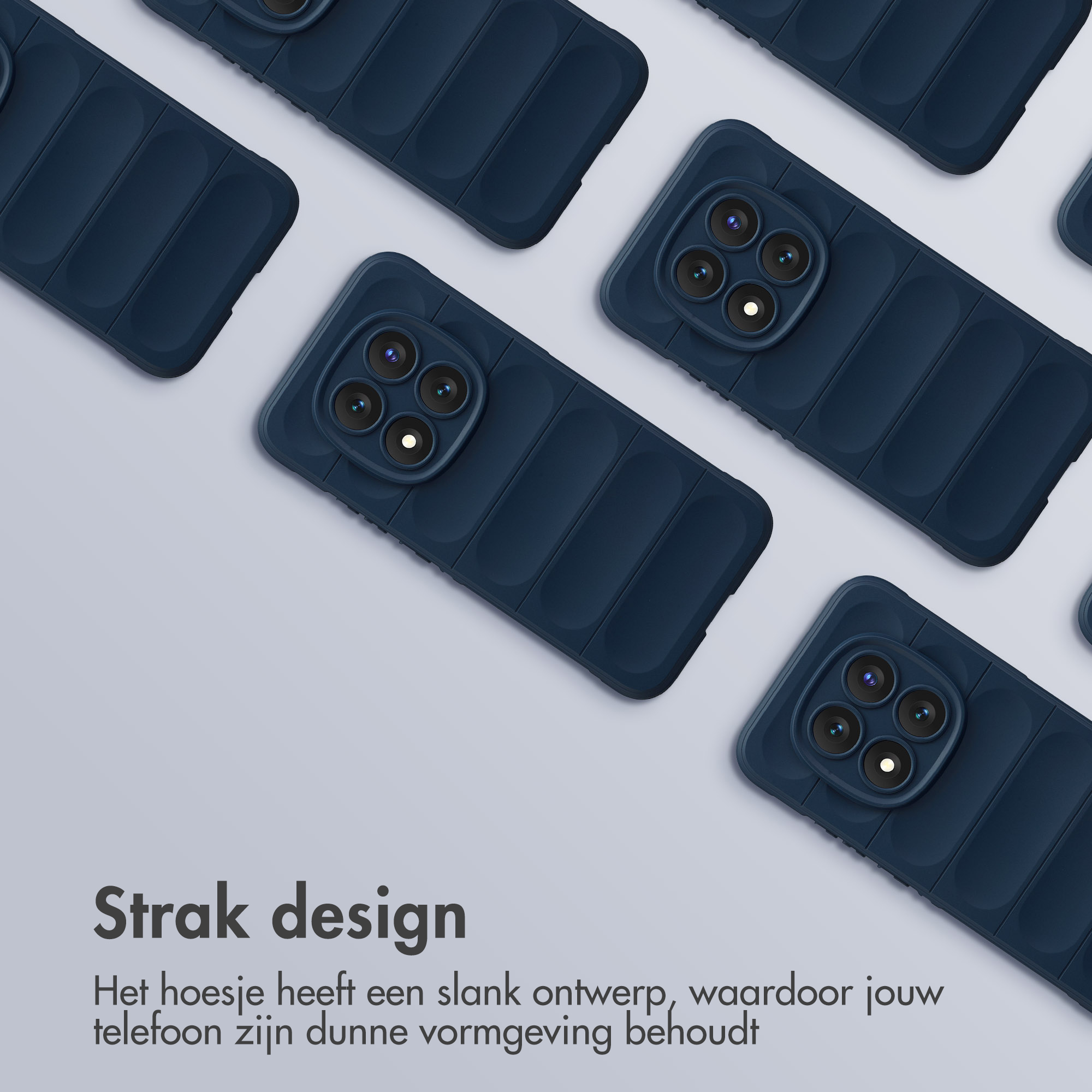 Donkerblauwe telefoonhoesjes met camerasysteem op een lichtgrijze achtergrond.