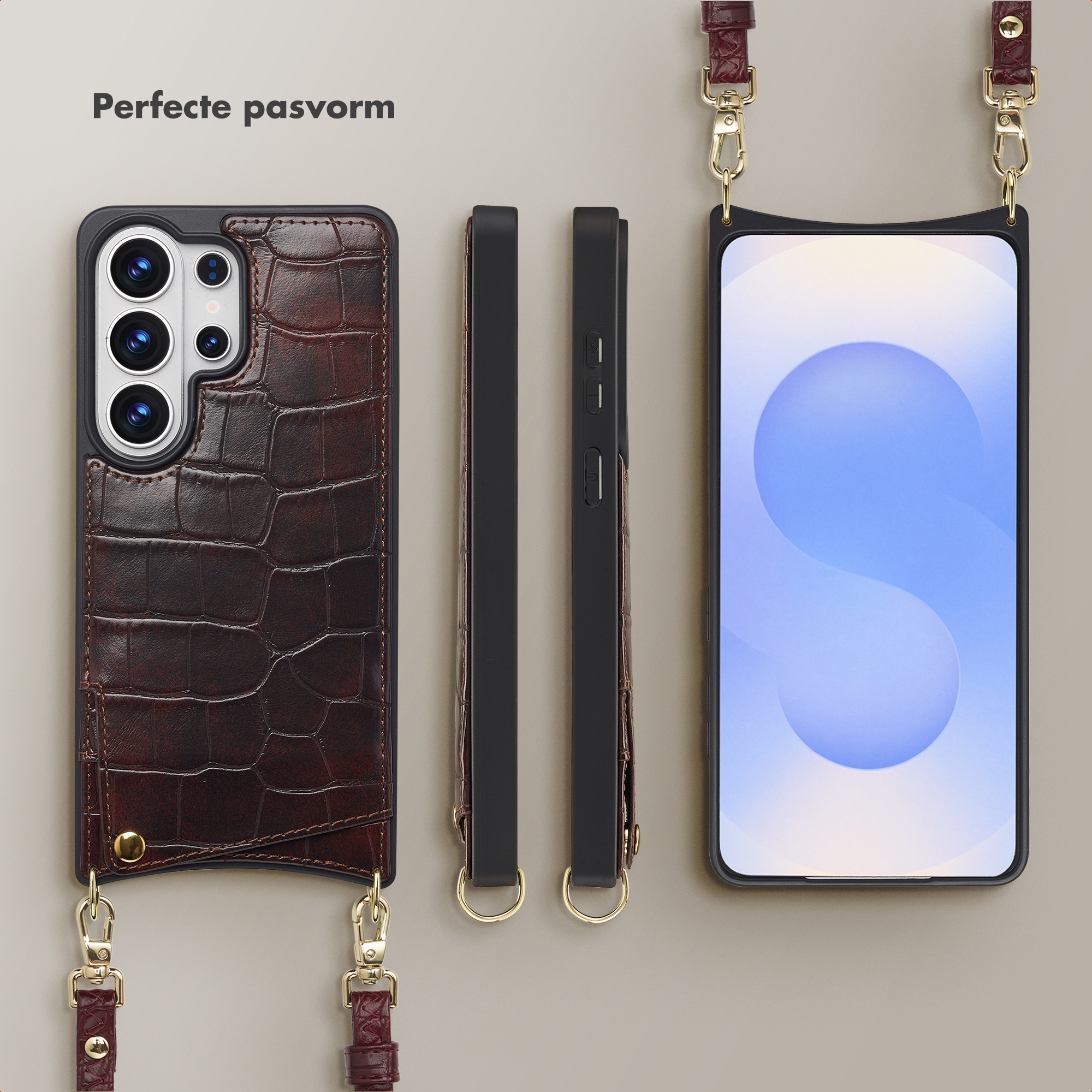 Bruine krokodillenleren telefoonhoes met camerabescherming en draagband.