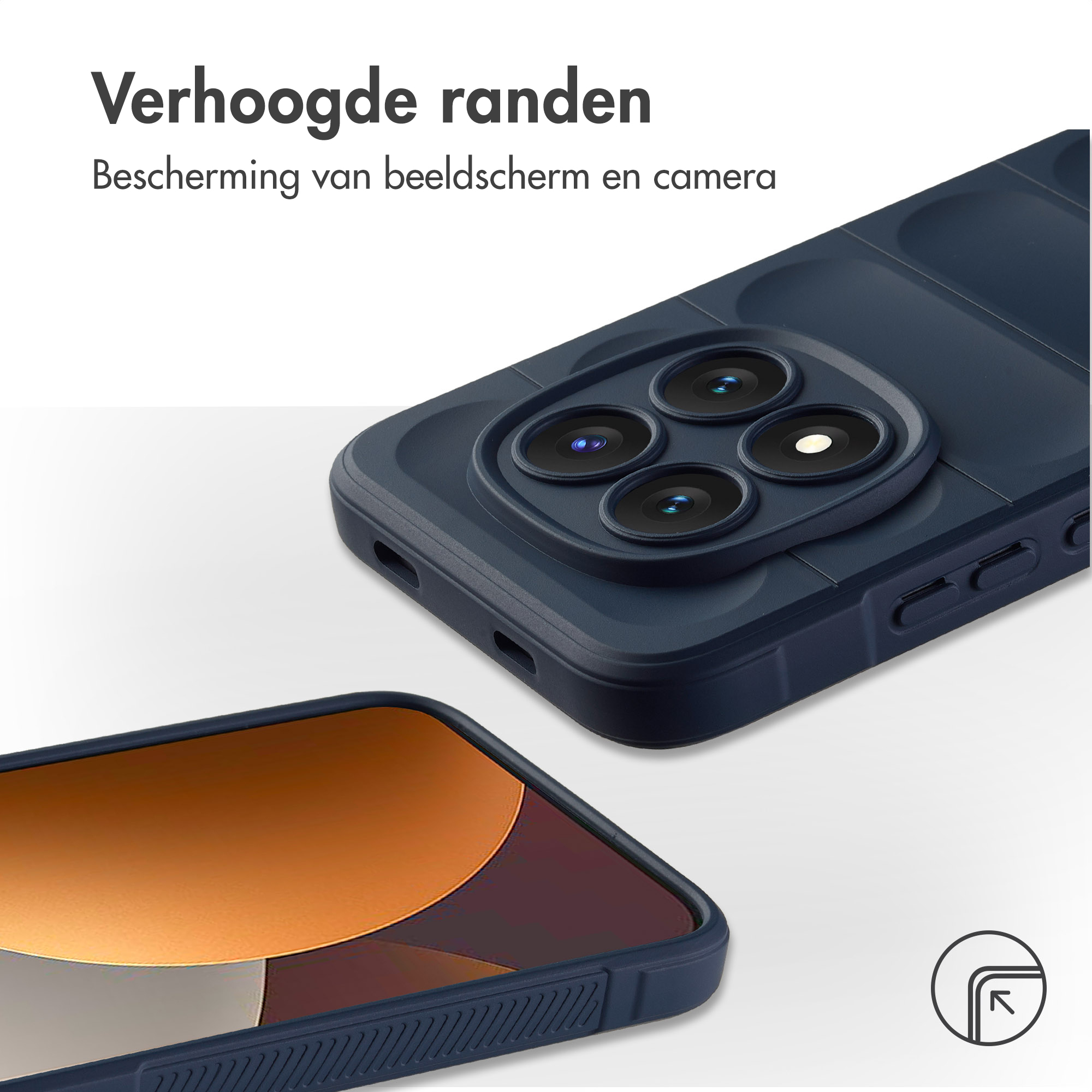 Donkerblauwe telefoonhoes met verhoogde randen die scherm en camera's beschermen.