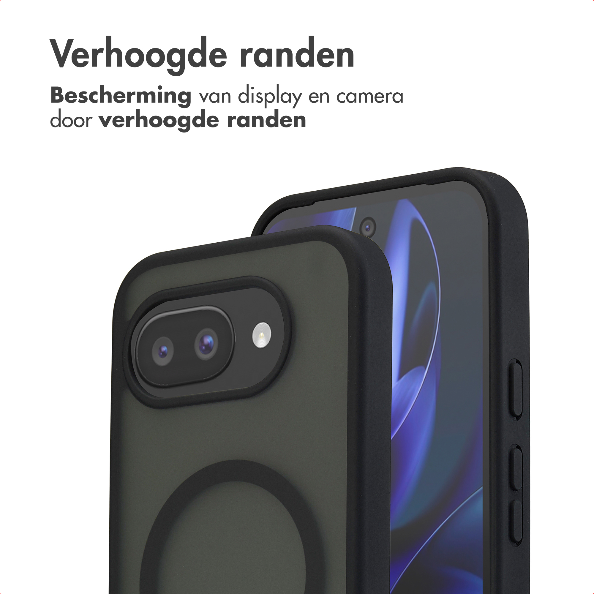 Donkergrijs toestel met verhoogde camerabehuizing en knoppen.