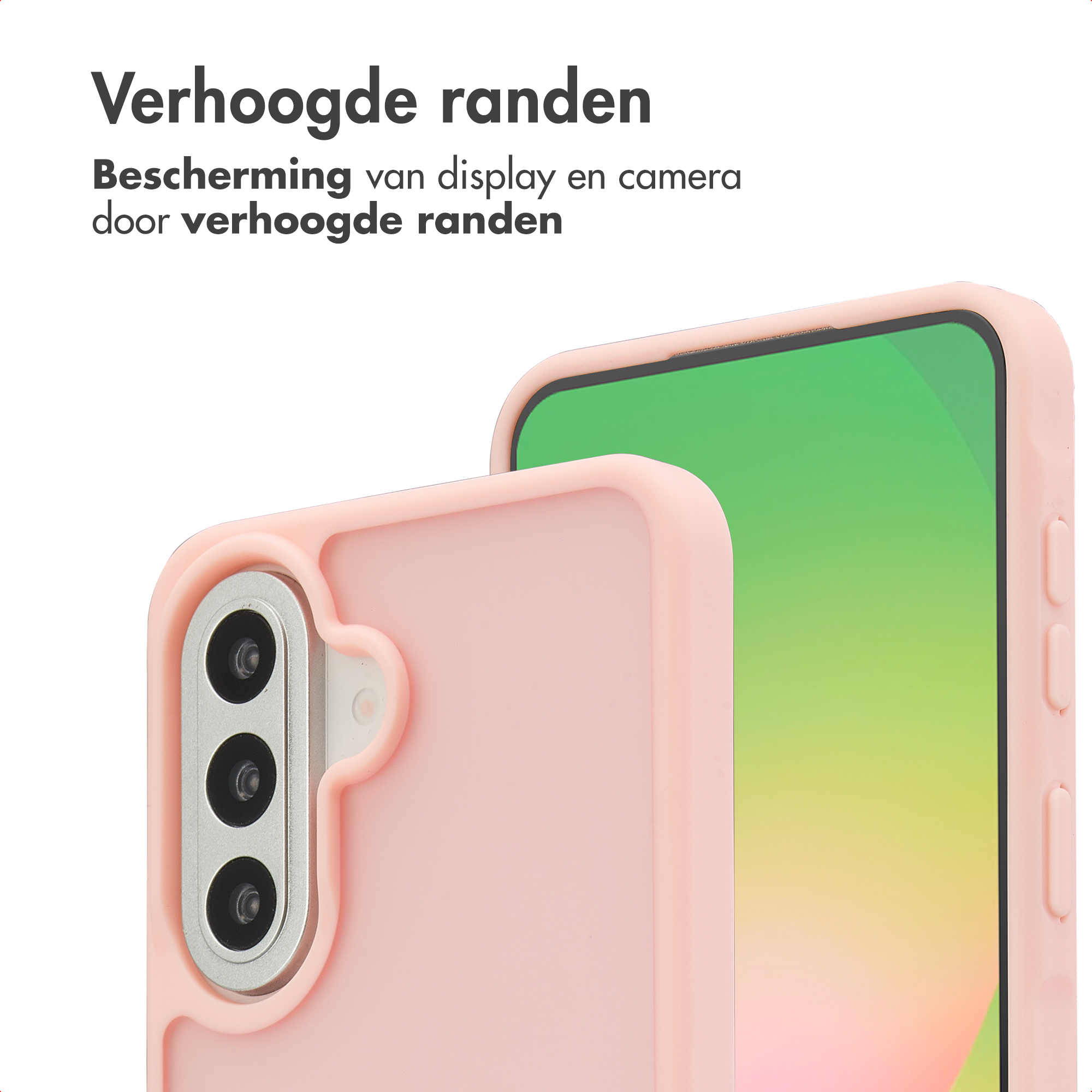 Une coque de téléphone rose montre une triple caméra et un écran.