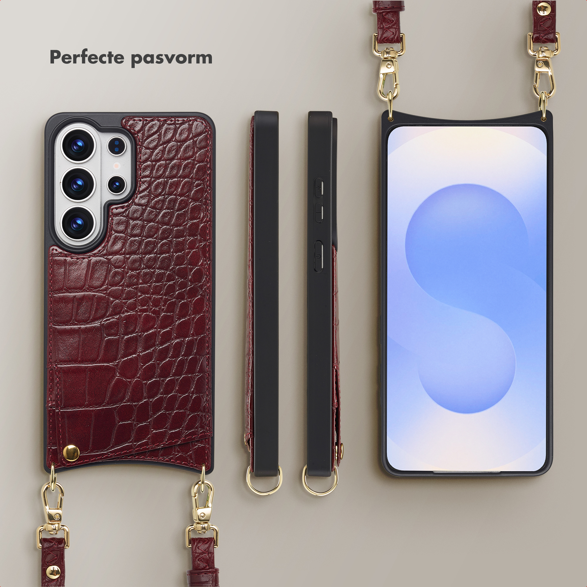 Coque de téléphone en cuir de crocodile bordeaux avec système de caméra, vue latérale et smartphone.