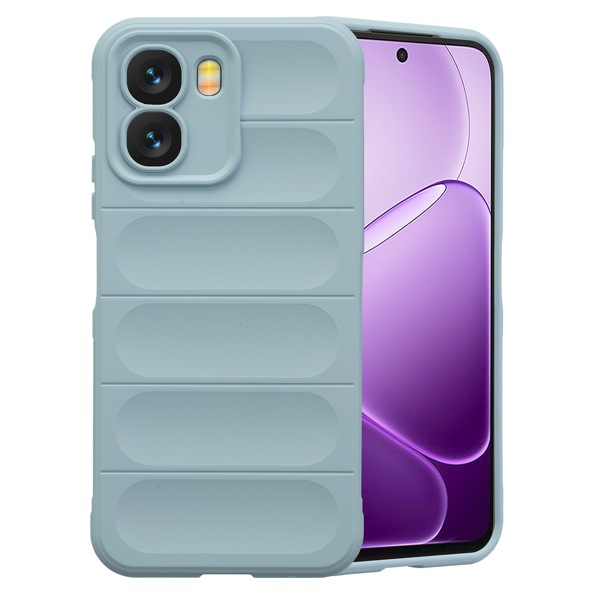 Lichtblauwe telefoonhoes met horizontale ribbels en camera-uitsparing.