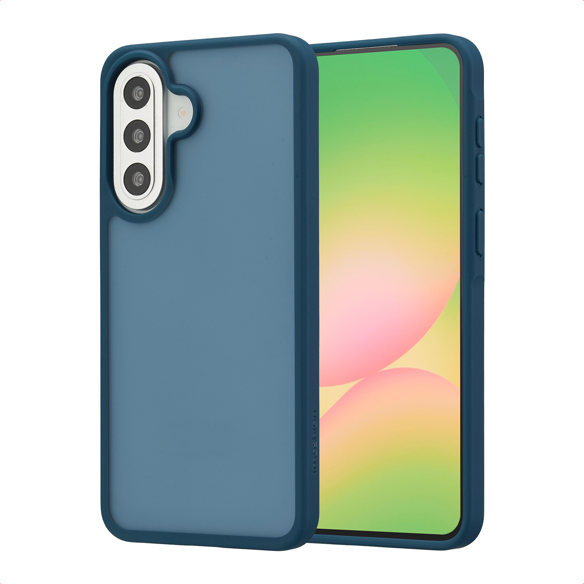 Een blauwe telefoonhoes met drie camera's aan de achterkant en een smartphone.