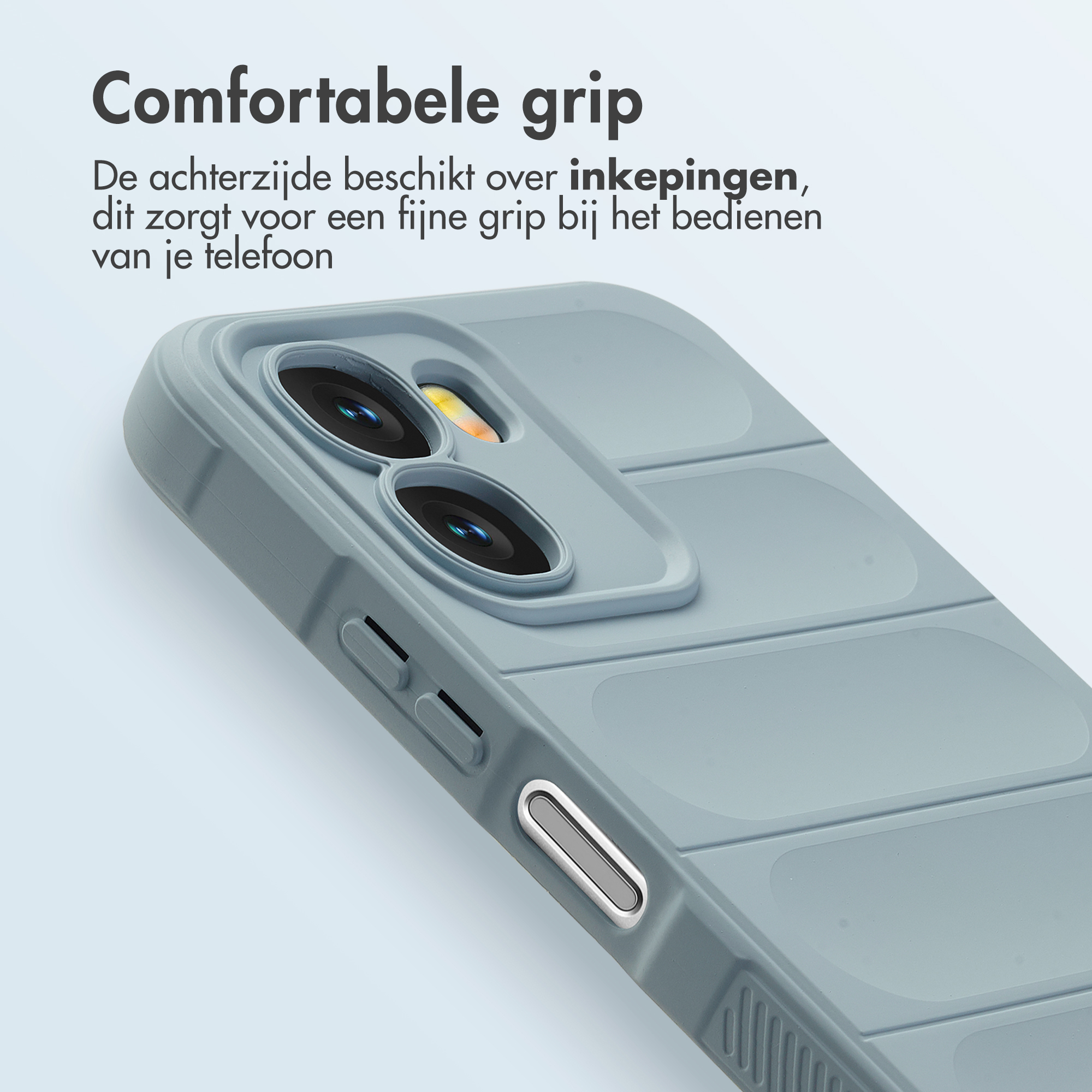 Grijze telefoonhoes met inkepingen voor een betere grip. Toont cameralenzen.
