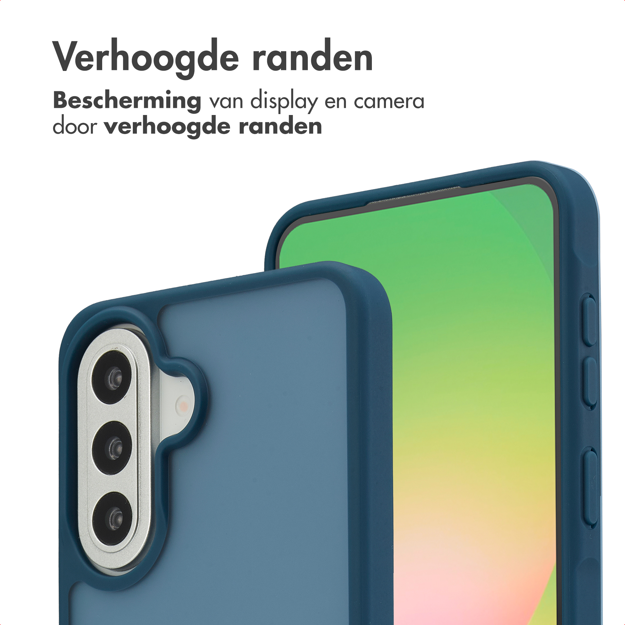 Blauw telefoonhoesje met verhoogde randen en camera-opening.